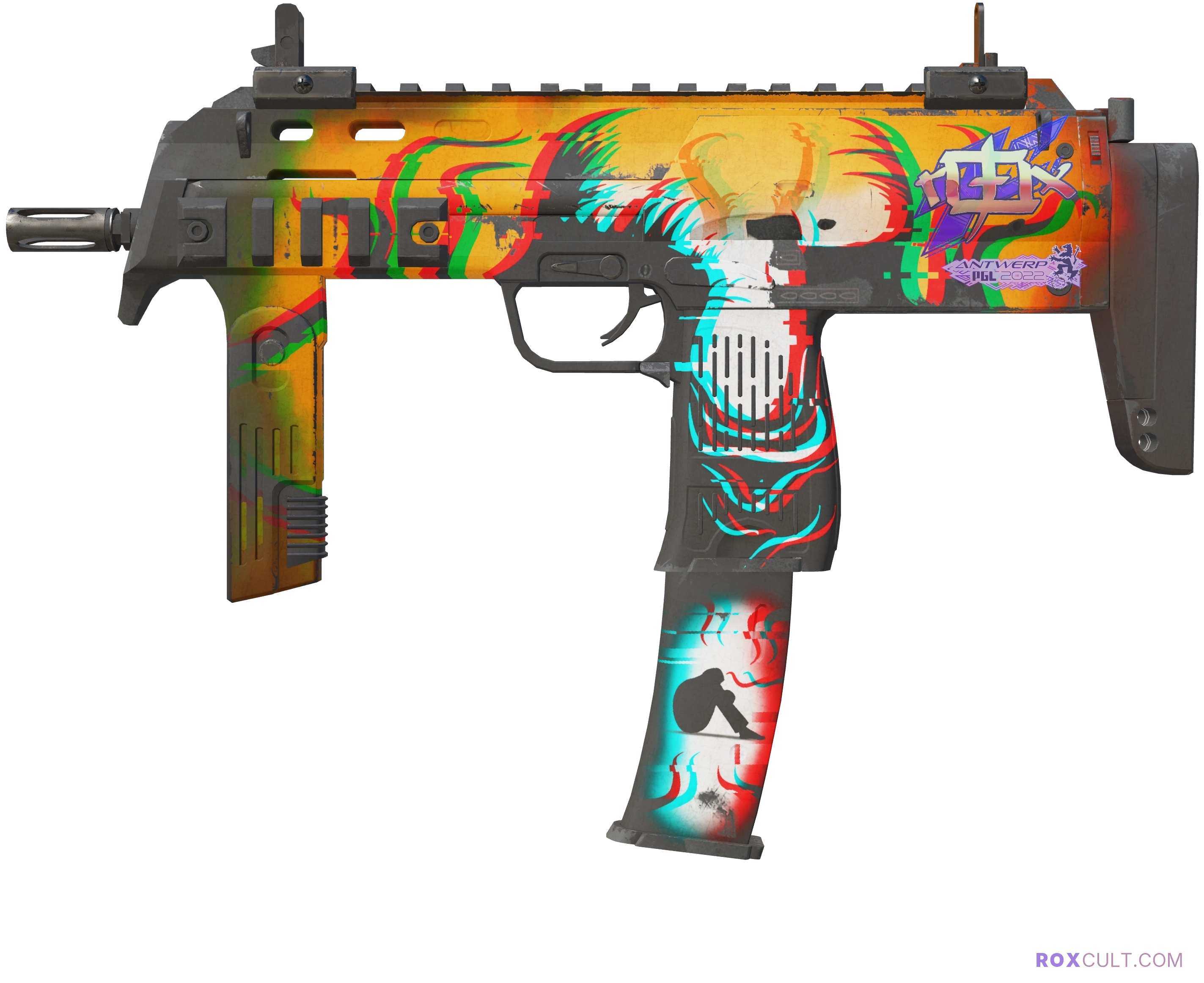 MP7 | Abyssal Apparition (Well-Worn) — rox (Holo) Antwerp 2022 craft, playside view with 1 rox (Holo) sticker