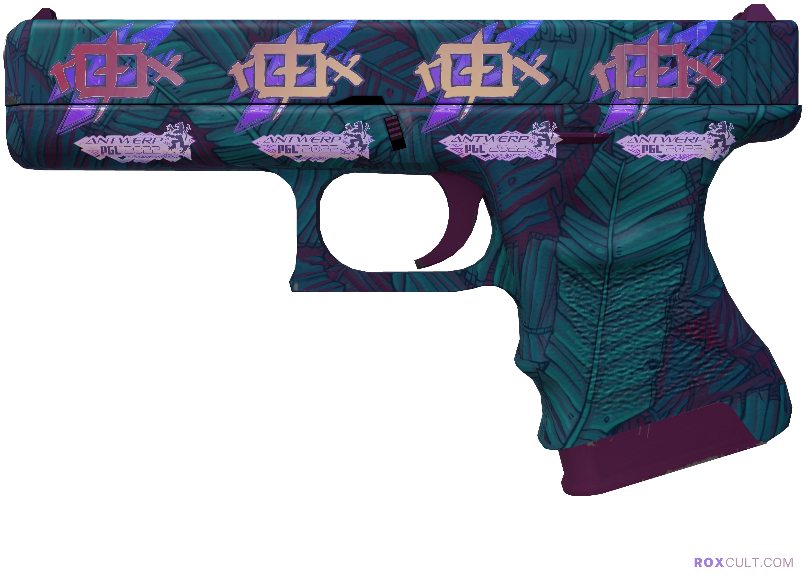 Glock-18 | Synth Leaf (Factory New) — rox (Holo) Antwerp 2022 craft, playside view with 4 rox (Holo) stickers