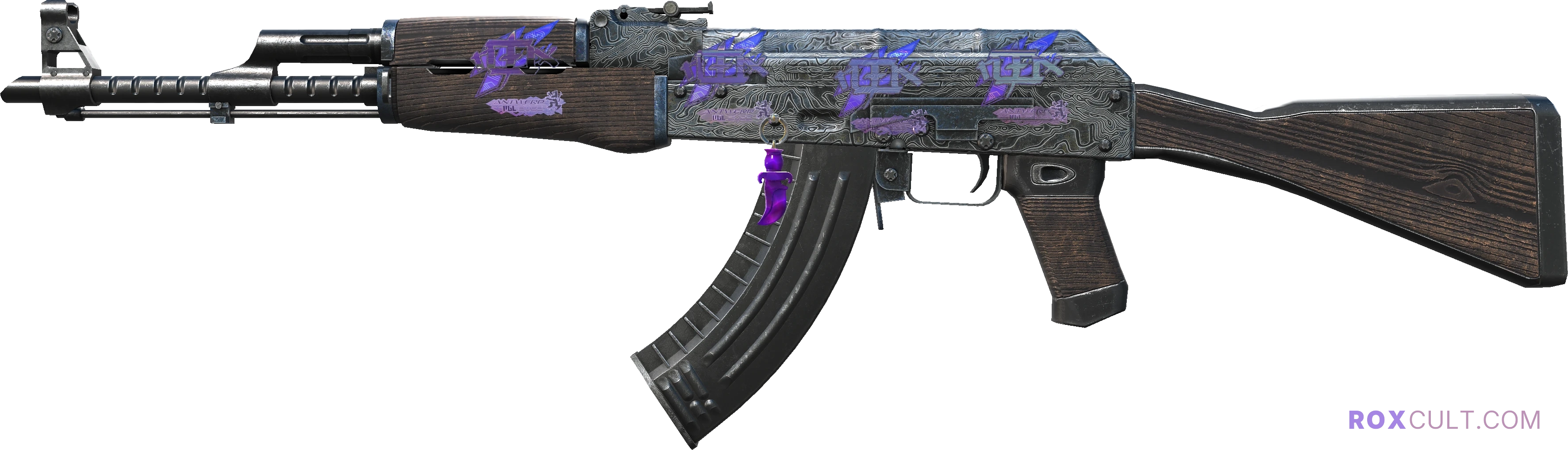 AK-47 | Steel Delta (Factory New) — rox (Holo) Antwerp 2022 craft, playside view with 4 rox (Holo) stickers