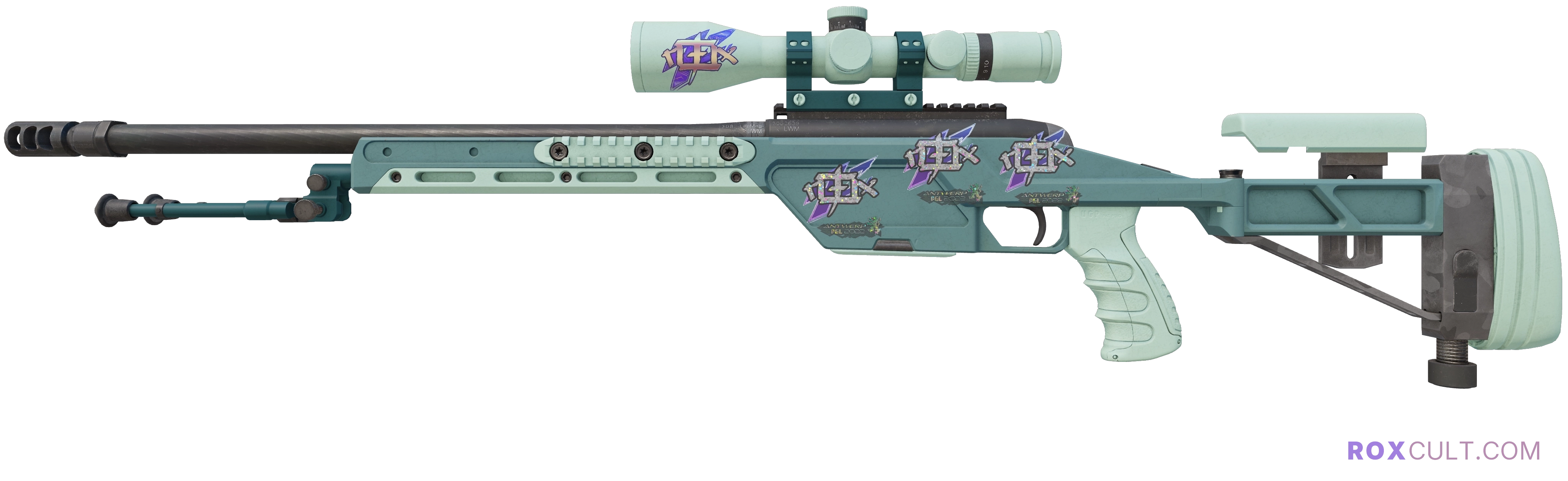 SSG 08 | Blue Spruce (Factory New) — rox (Holo) Antwerp 2022 craft, playside view with 1 rox (Holo) sticker