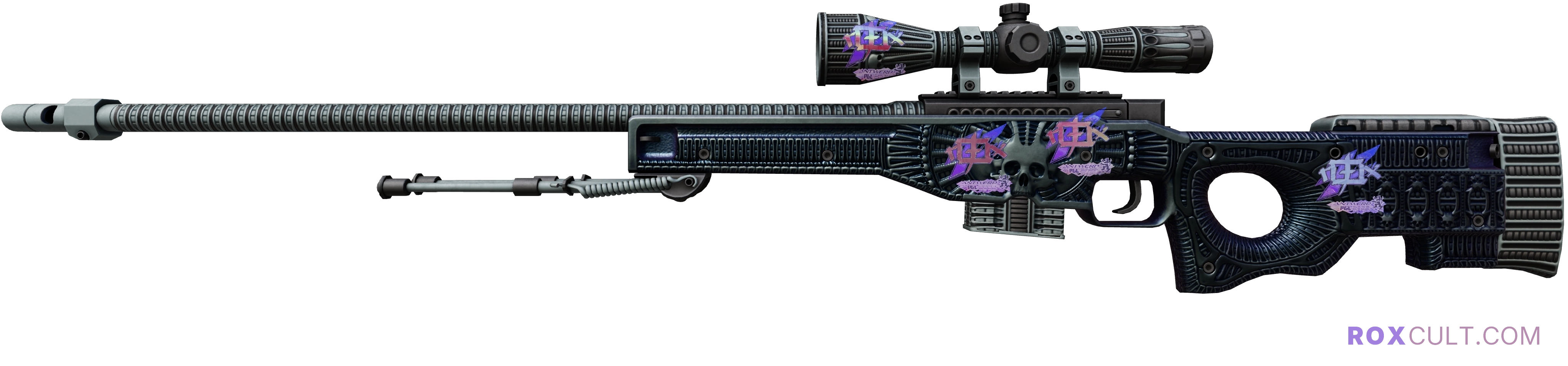 AWP | Exoskeleton (Factory New) — rox (Holo) Antwerp 2022 craft, playside view with 4 rox (Holo) stickers