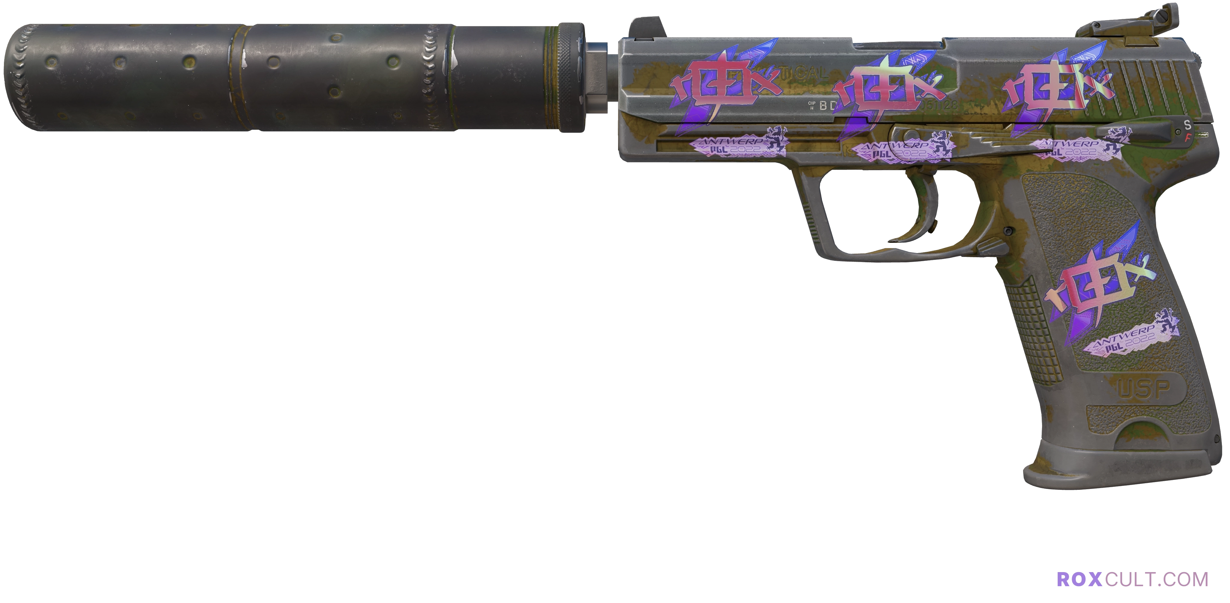 USP-S | Forest Leaves (Battle-Scarred) — rox (Holo) Antwerp 2022 craft, playside view with 4 rox (Holo) stickers