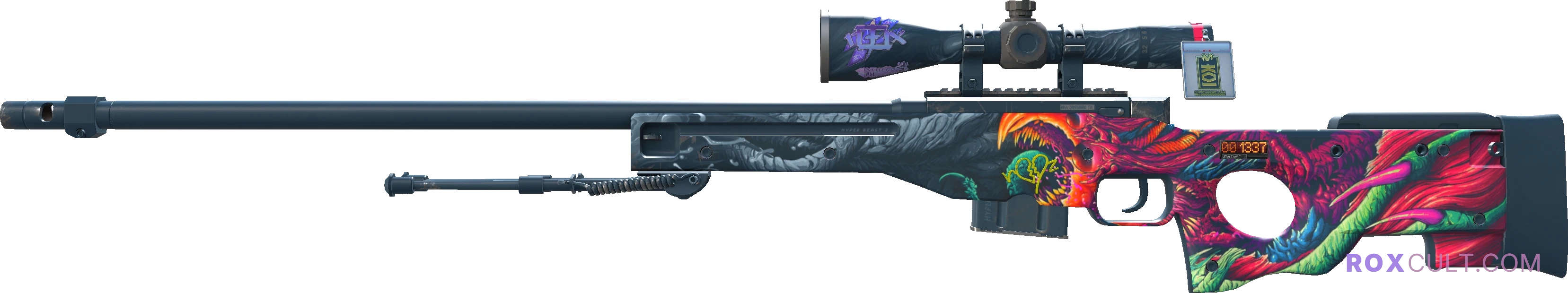 StatTrak™ AWP | Hyper Beast (Factory New) — rox (Holo) Antwerp 2022 craft, playside view with 1 rox (Holo) sticker