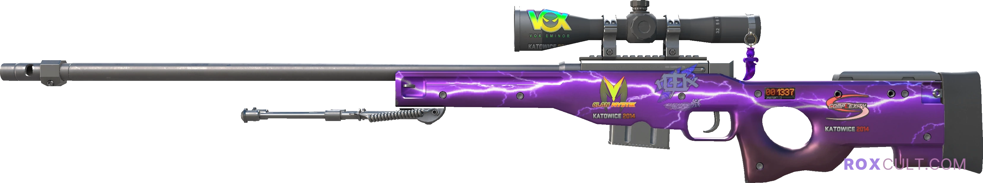 StatTrak™ AWP | Lightning Strike (Factory New) — rox (Holo) Antwerp 2022 craft, playside view with 1 rox (Holo) sticker