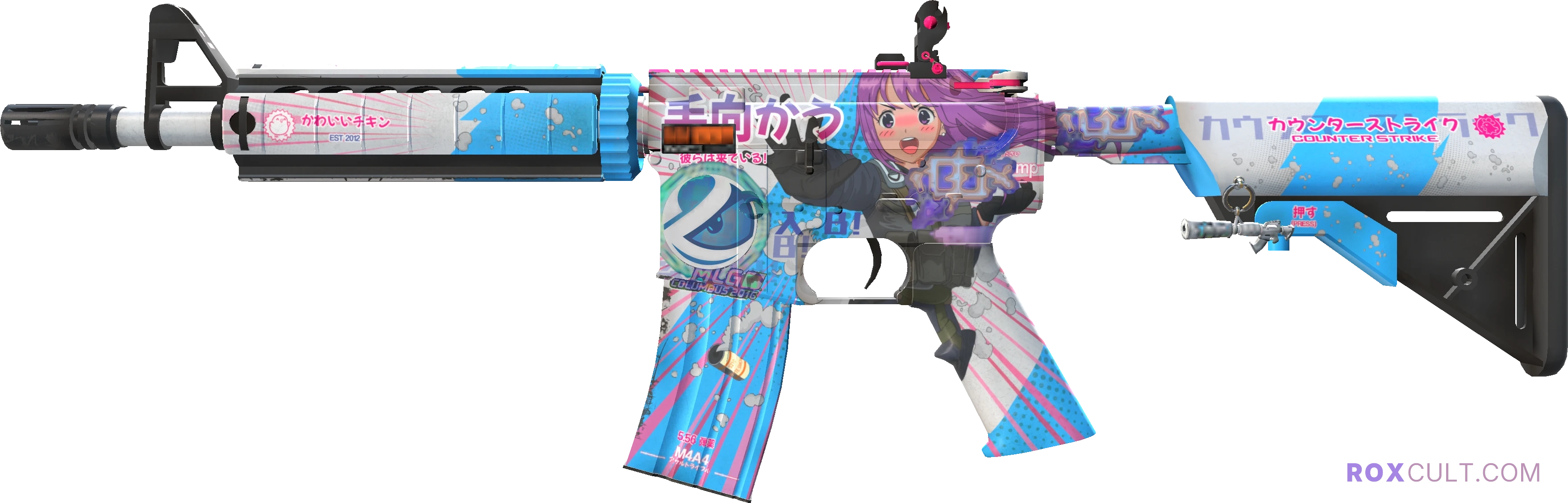 StatTrak™ M4A4 | Temukau (Minimal Wear) — rox (Holo) Antwerp 2022 craft, playside view with 2 rox (Holo) stickers