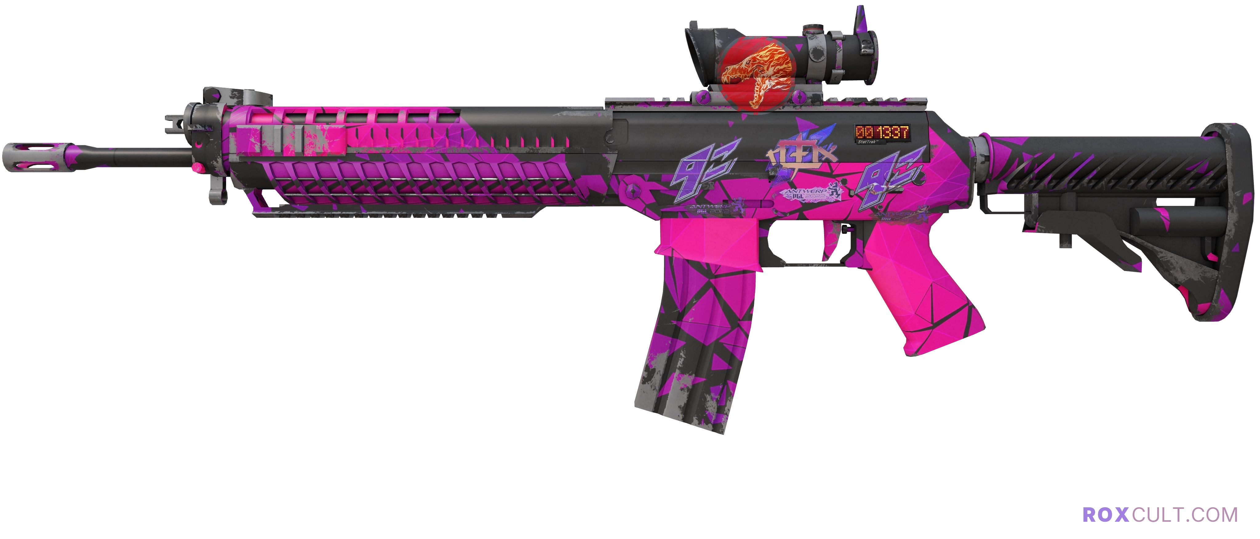 StatTrak™ SG 553 | Pulse (Minimal Wear) — rox (Holo) Antwerp 2022 craft, playside view with 1 rox (Holo) sticker