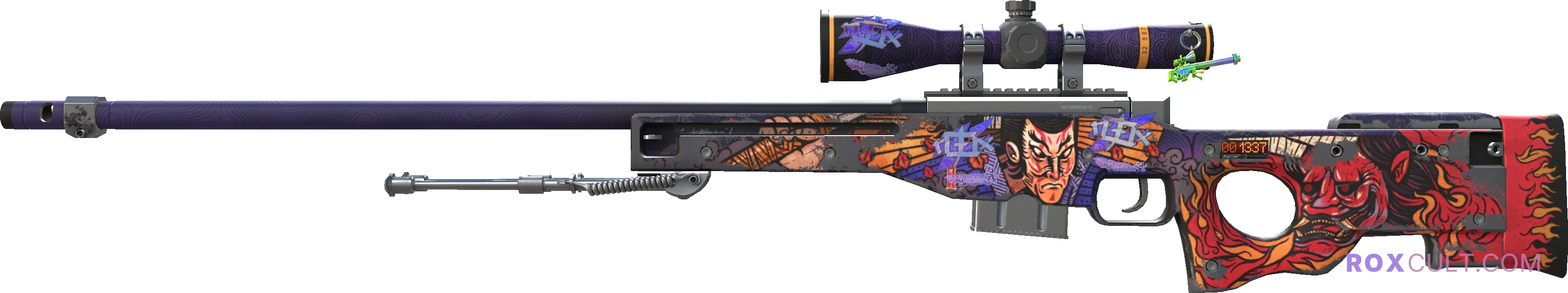 StatTrak™ AWP | Oni Taiji (Field-Tested) — rox (Holo) Antwerp 2022 craft, playside view with 3 rox (Holo) stickers