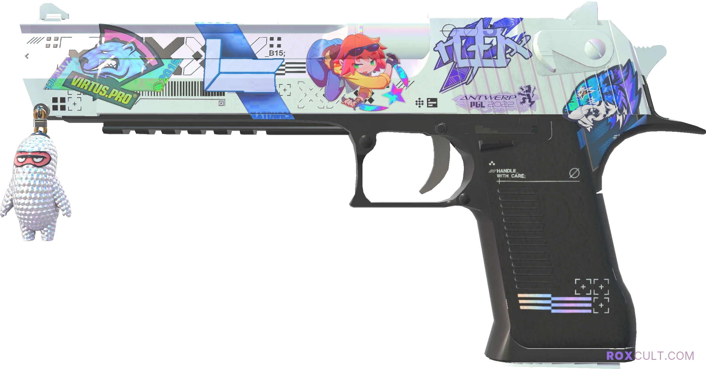 Desert Eagle | Printstream (Factory New) — rox (Holo) Antwerp 2022 craft, playside view with 1 rox (Holo) sticker