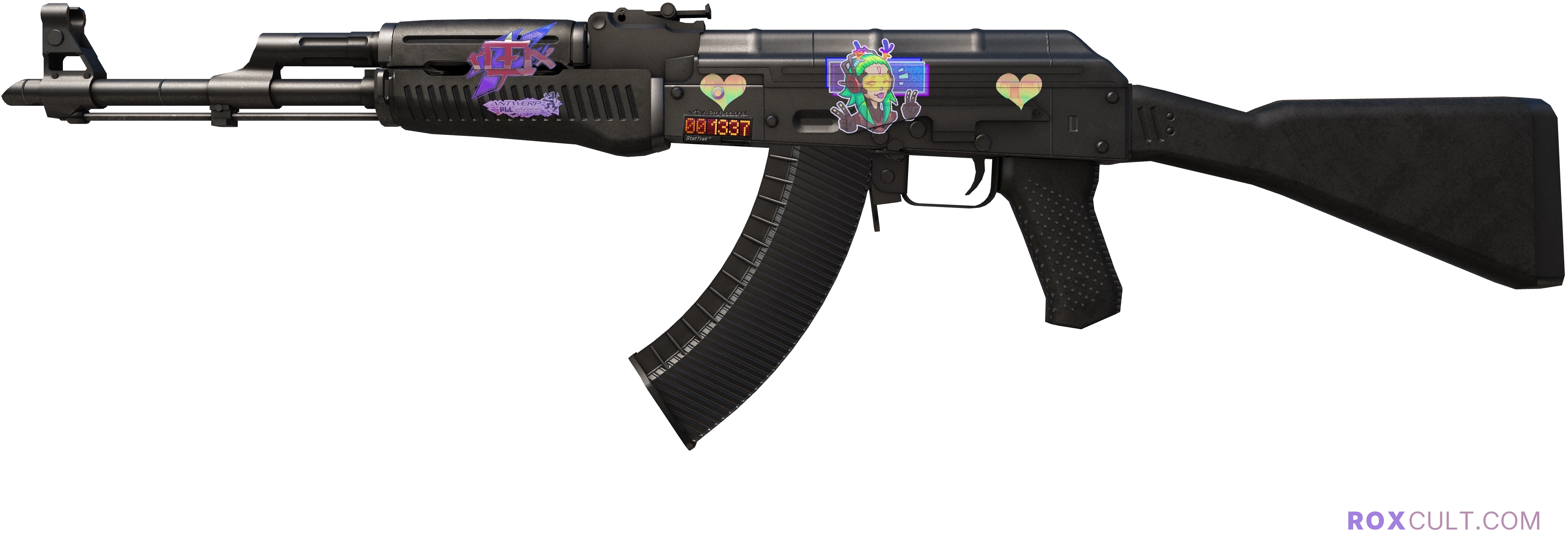 StatTrak™ AK-47 | Slate (Minimal Wear) — rox (Holo) Antwerp 2022 craft, playside view with 1 rox (Holo) sticker