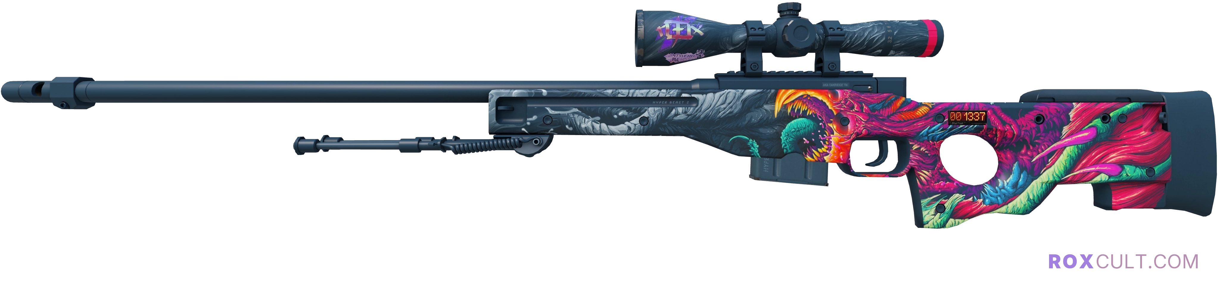 StatTrak™ AWP | Hyper Beast (Factory New) — rox (Holo) Antwerp 2022 craft, playside view with 1 rox (Holo) sticker