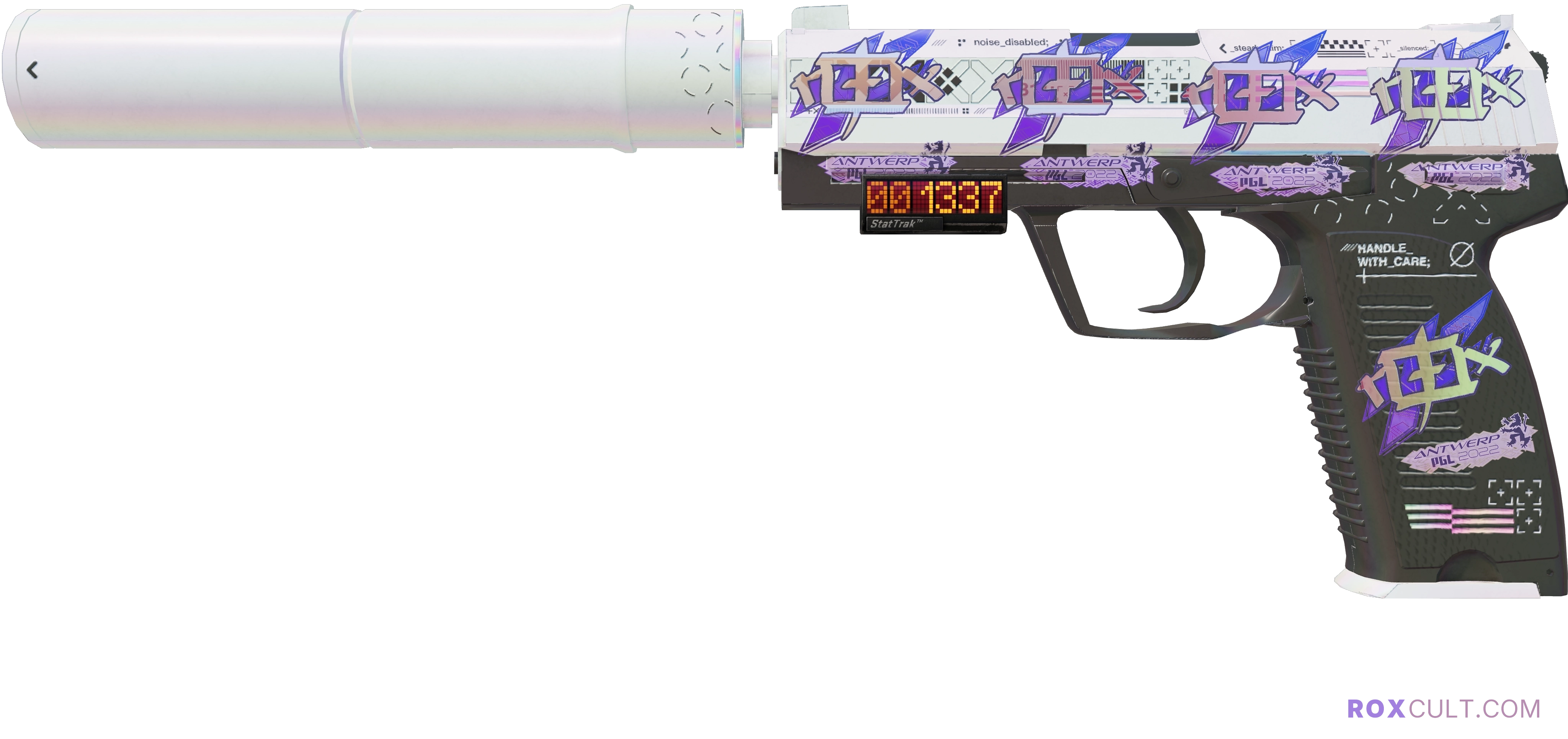 StatTrak™ USP-S | Printstream (Factory New) — rox (Holo) Antwerp 2022 craft, playside view with 5 rox (Holo) stickers