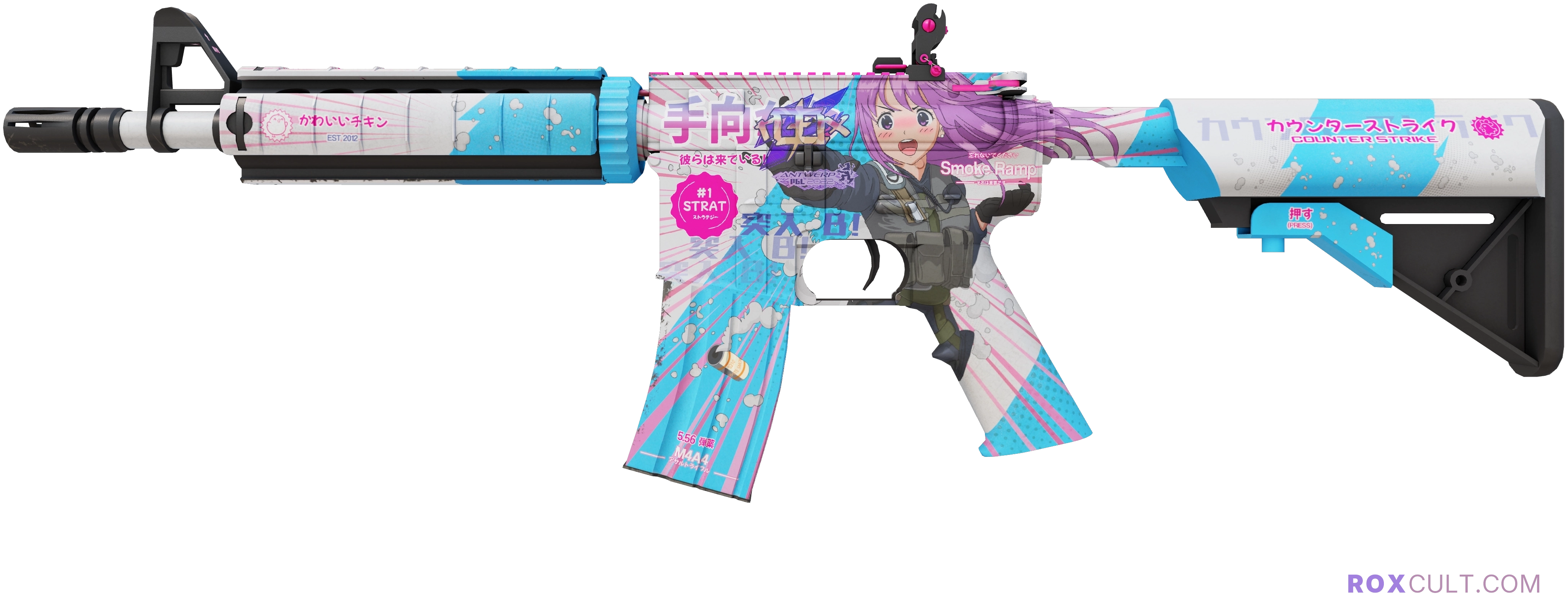 M4A4 | Temukau (Minimal Wear) — rox (Holo) Antwerp 2022 craft, playside view with 1 rox (Holo) sticker