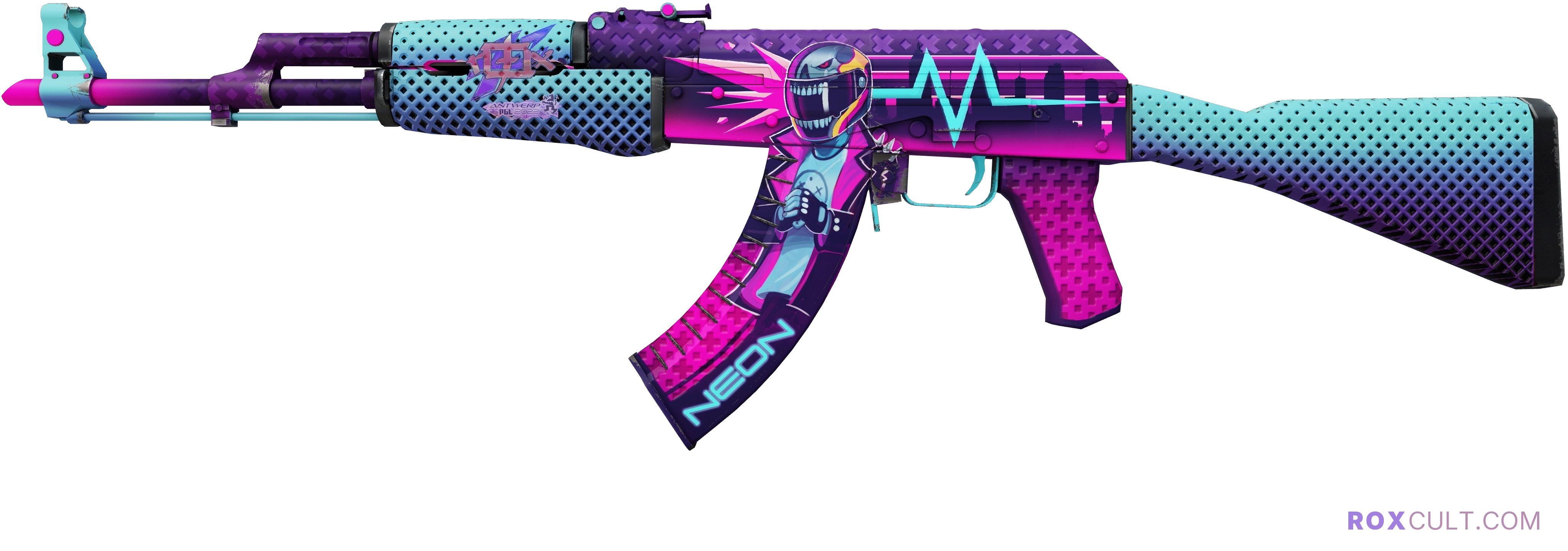 AK-47 | Neon Rider (Factory New) — rox (Holo) Antwerp 2022 craft, playside view with 1 rox (Holo) sticker