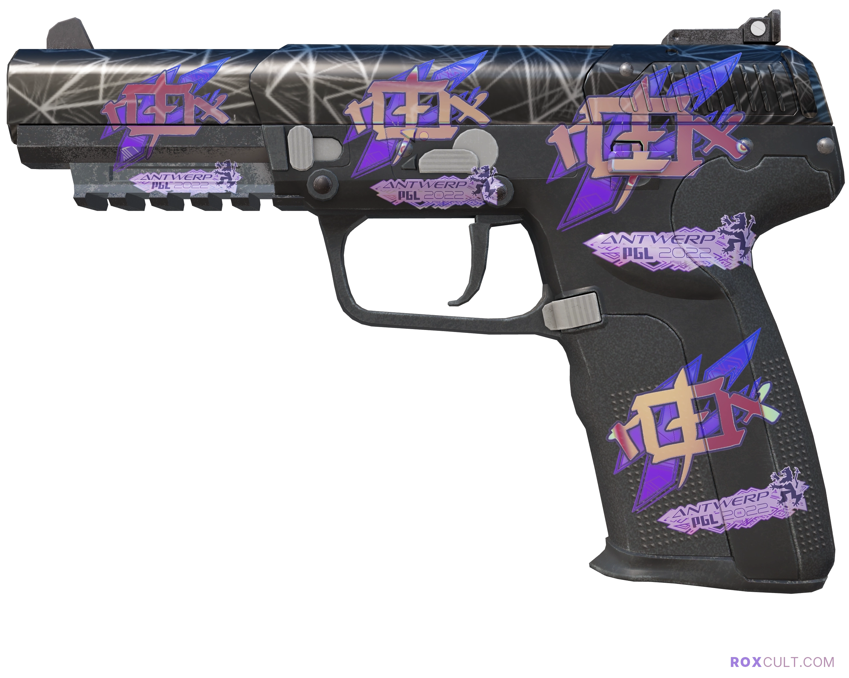 Five-SeveN | Silver Quartz (Factory New) — rox (Holo) Antwerp 2022 craft, playside view with 4 rox (Holo) stickers