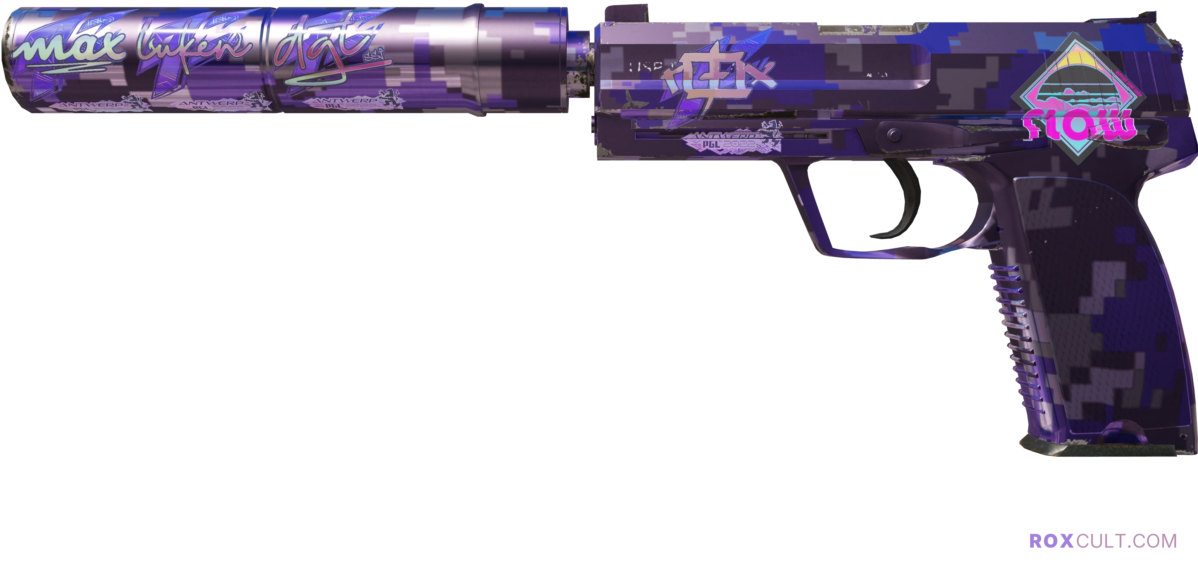 USP-S | Purple DDPAT (Factory New) — rox (Holo) Antwerp 2022 craft, playside view with 1 rox (Holo) sticker