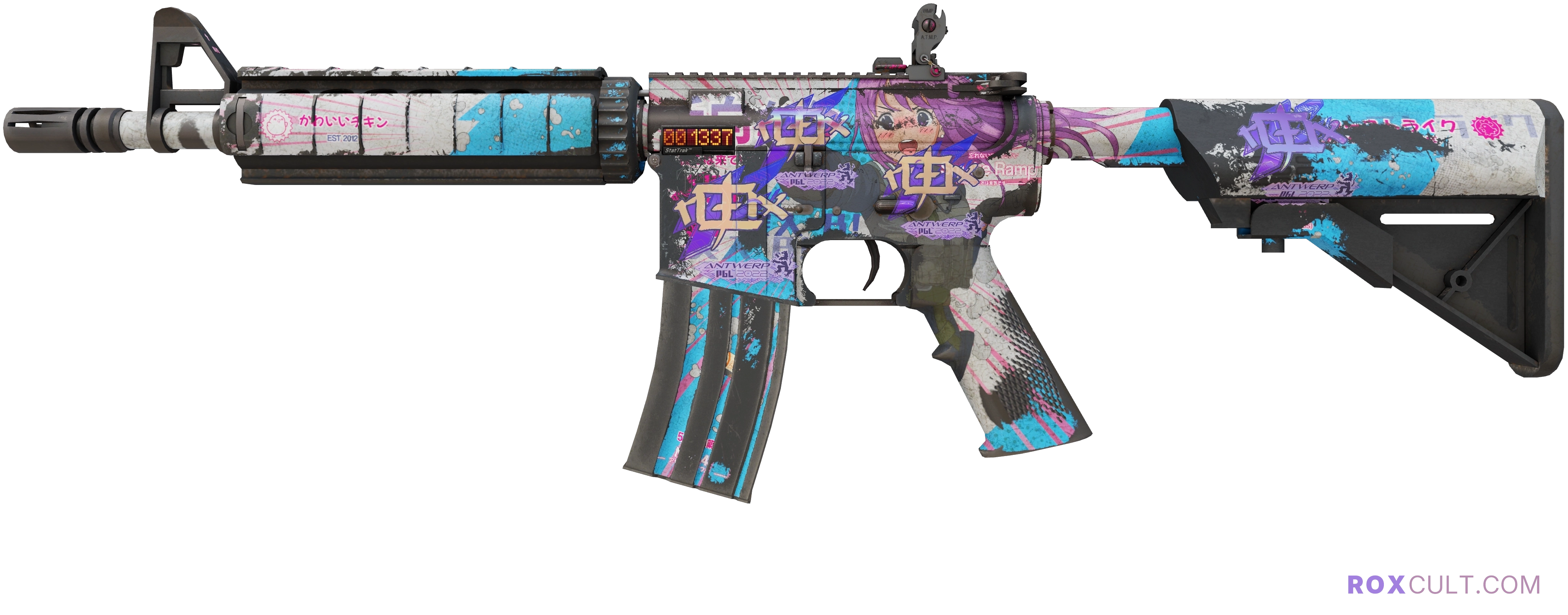 StatTrak™ M4A4 | Temukau (Battle-Scarred) — rox (Holo) Antwerp 2022 craft, playside view with 4 rox (Holo) stickers