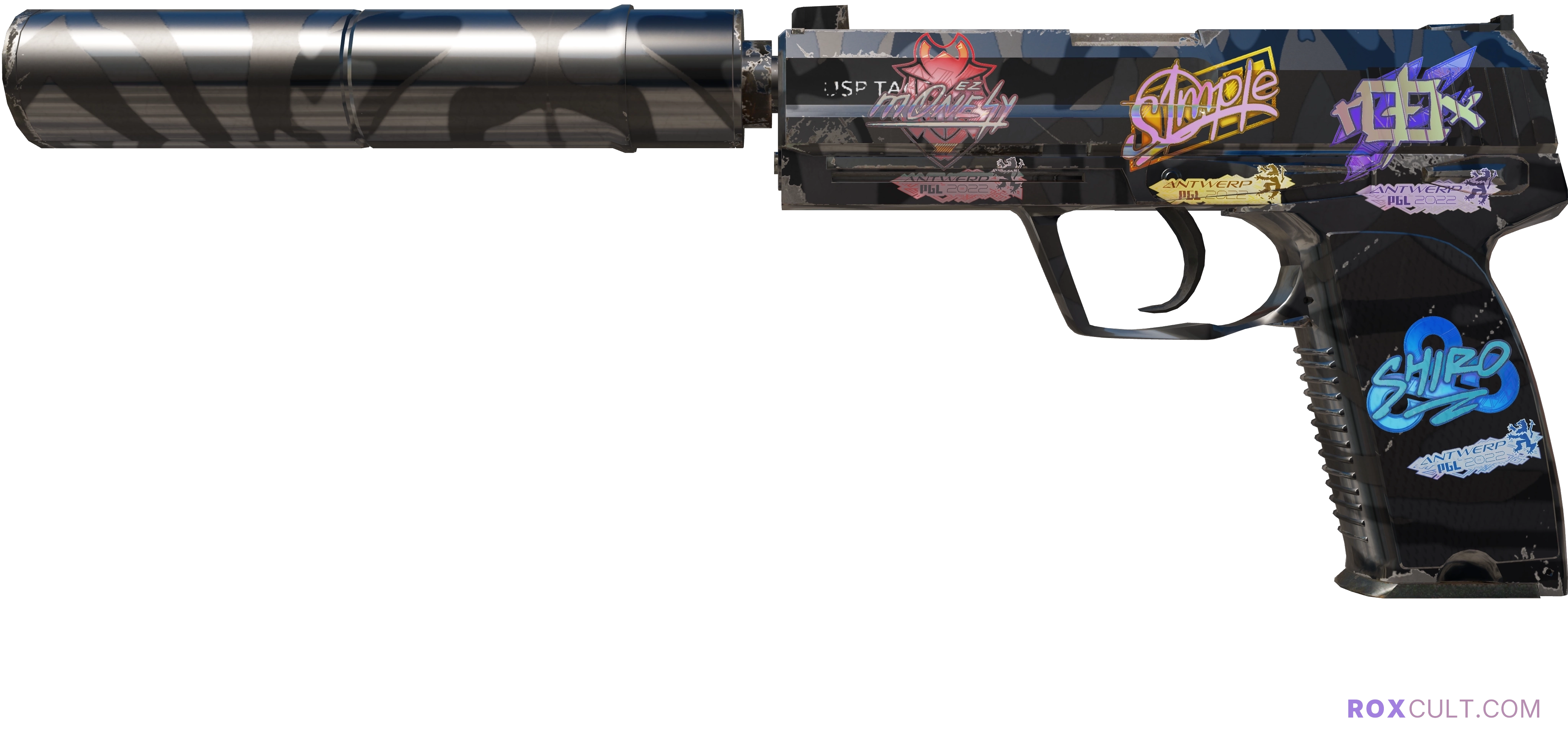 USP-S | Dark Water (Minimal Wear) — rox (Holo) Antwerp 2022 craft, playside view with 1 rox (Holo) sticker
