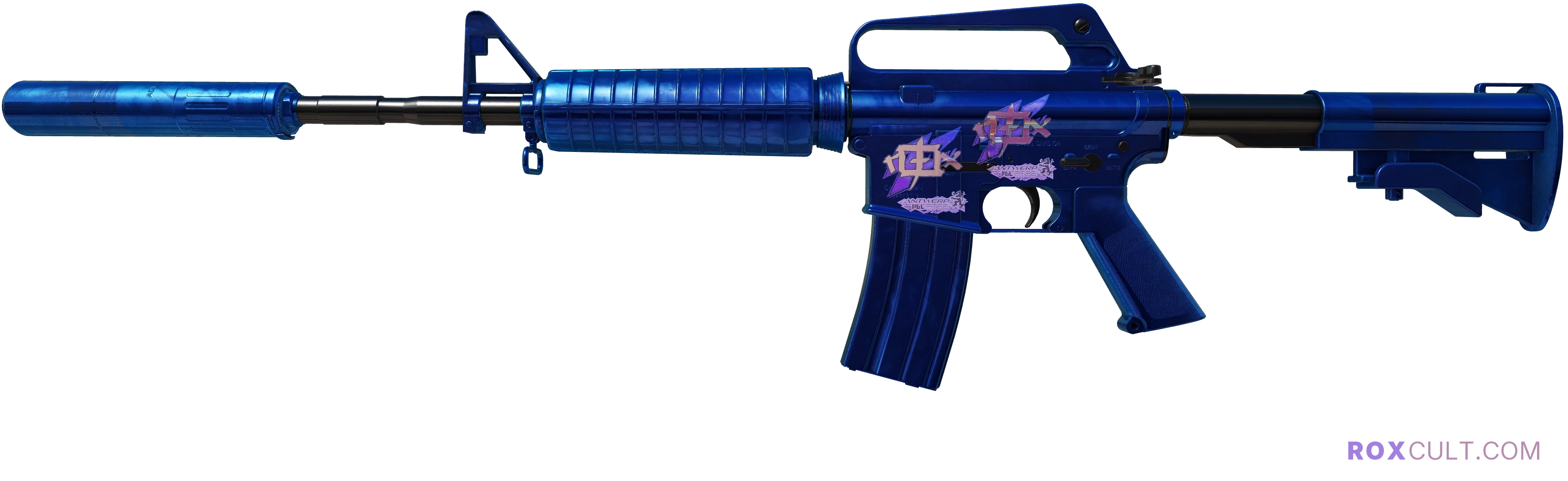 M4A1-S | Blue Phosphor (Factory New) — rox (Holo) Antwerp 2022 craft, playside view with 2 rox (Holo) stickers