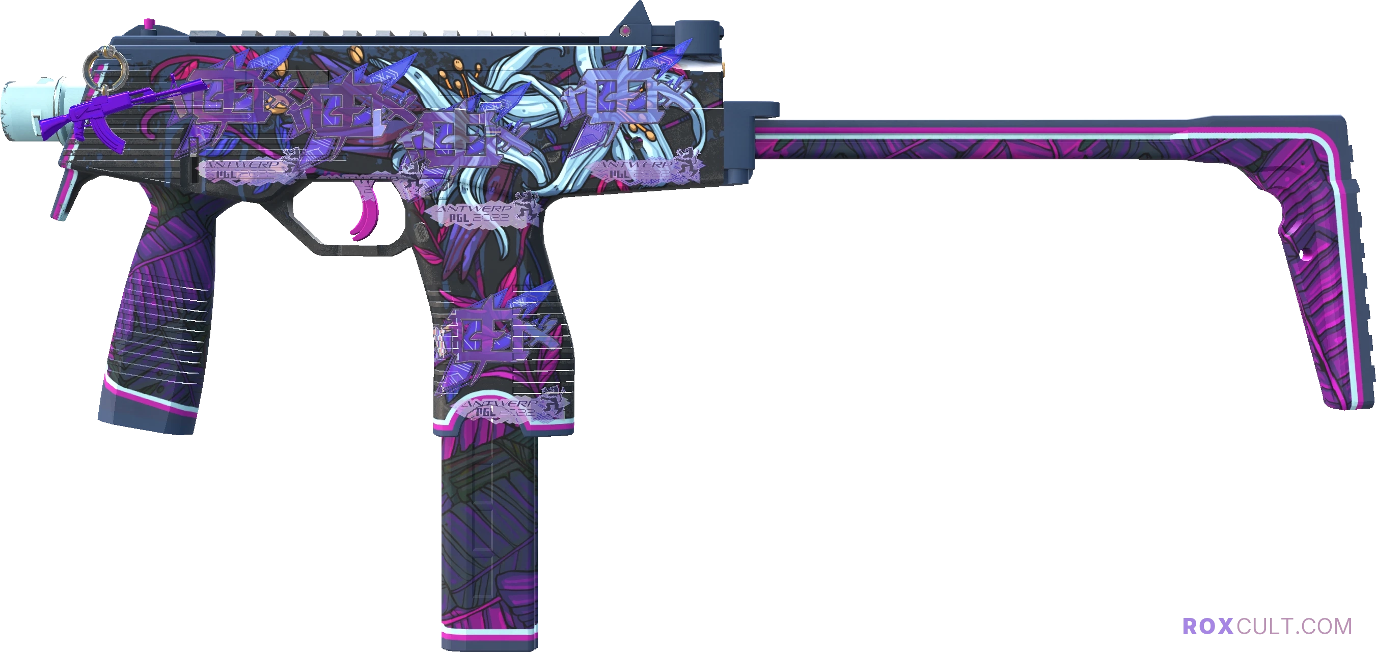 MP9 | Wild Lily (Factory New) — rox (Holo) Antwerp 2022 craft, playside view with 5 rox (Holo) stickers