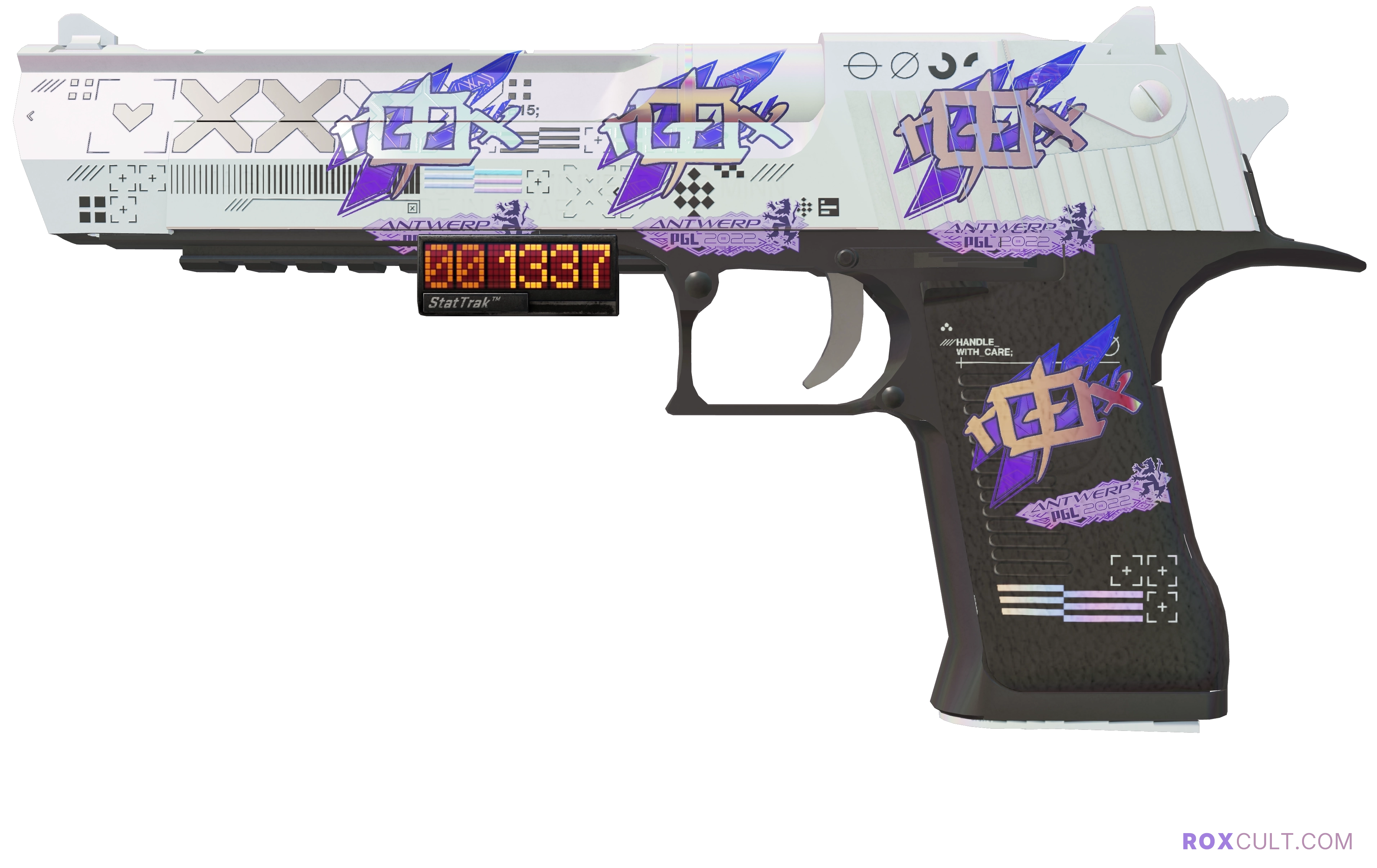 StatTrak™ Desert Eagle | Printstream (Factory New) — rox (Holo) Antwerp 2022 craft, playside view with 4 rox (Holo) stickers