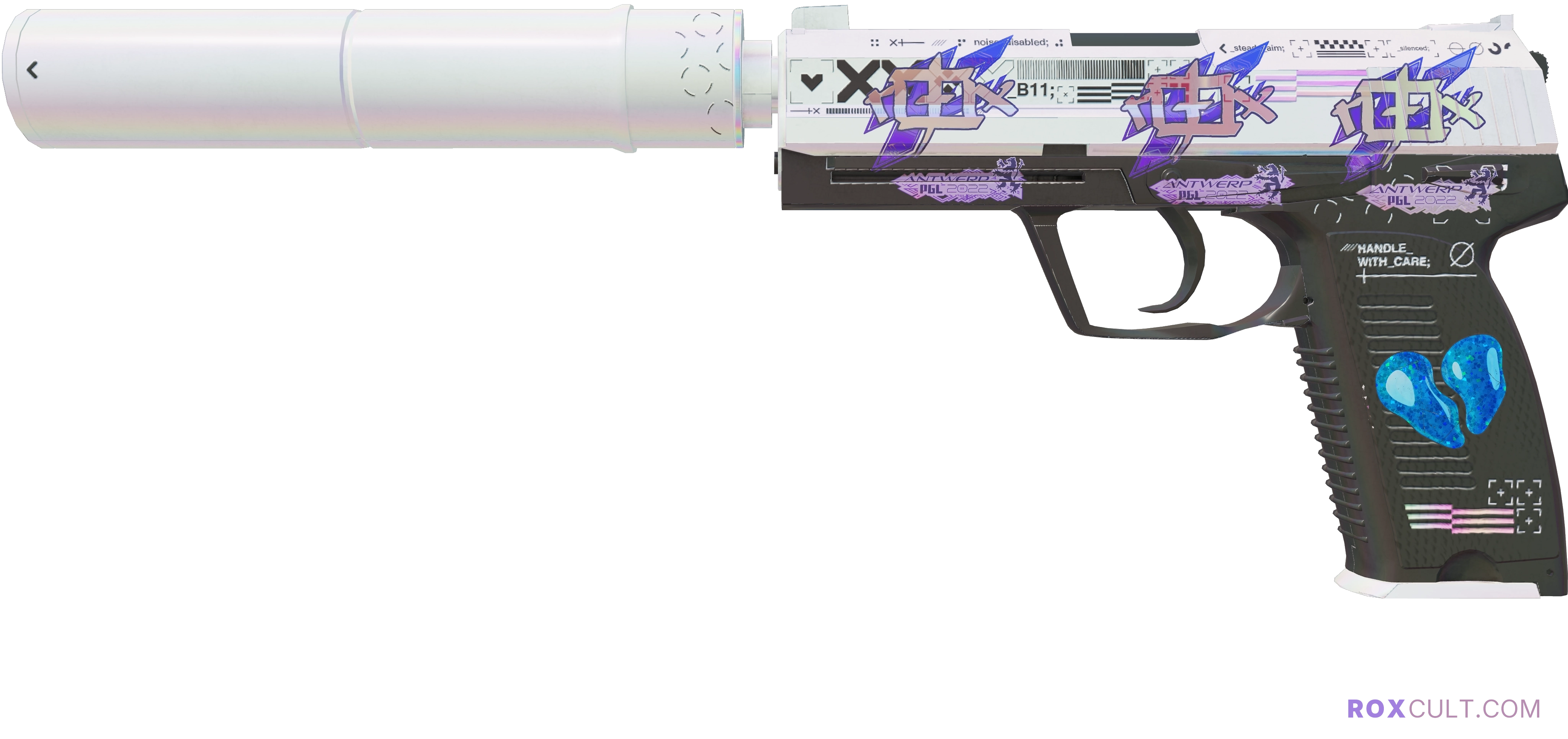 USP-S | Printstream (Factory New) — rox (Holo) Antwerp 2022 craft, playside view with 3 rox (Holo) stickers