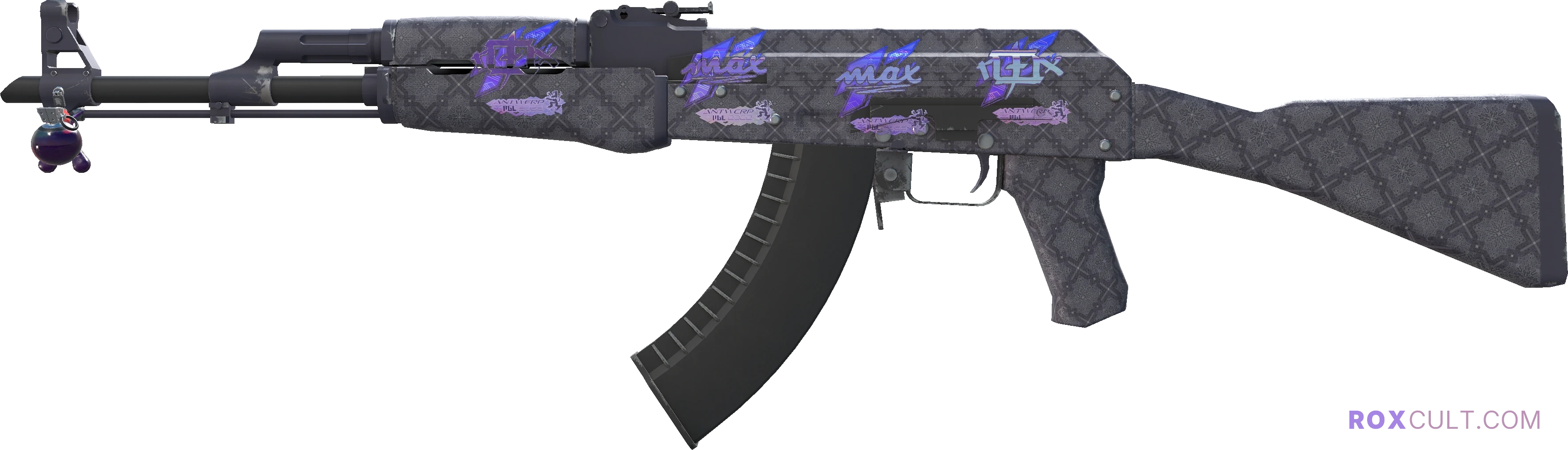 AK-47 | Baroque Purple (Factory New) — rox (Holo) Antwerp 2022 craft, playside view with 2 rox (Holo) stickers