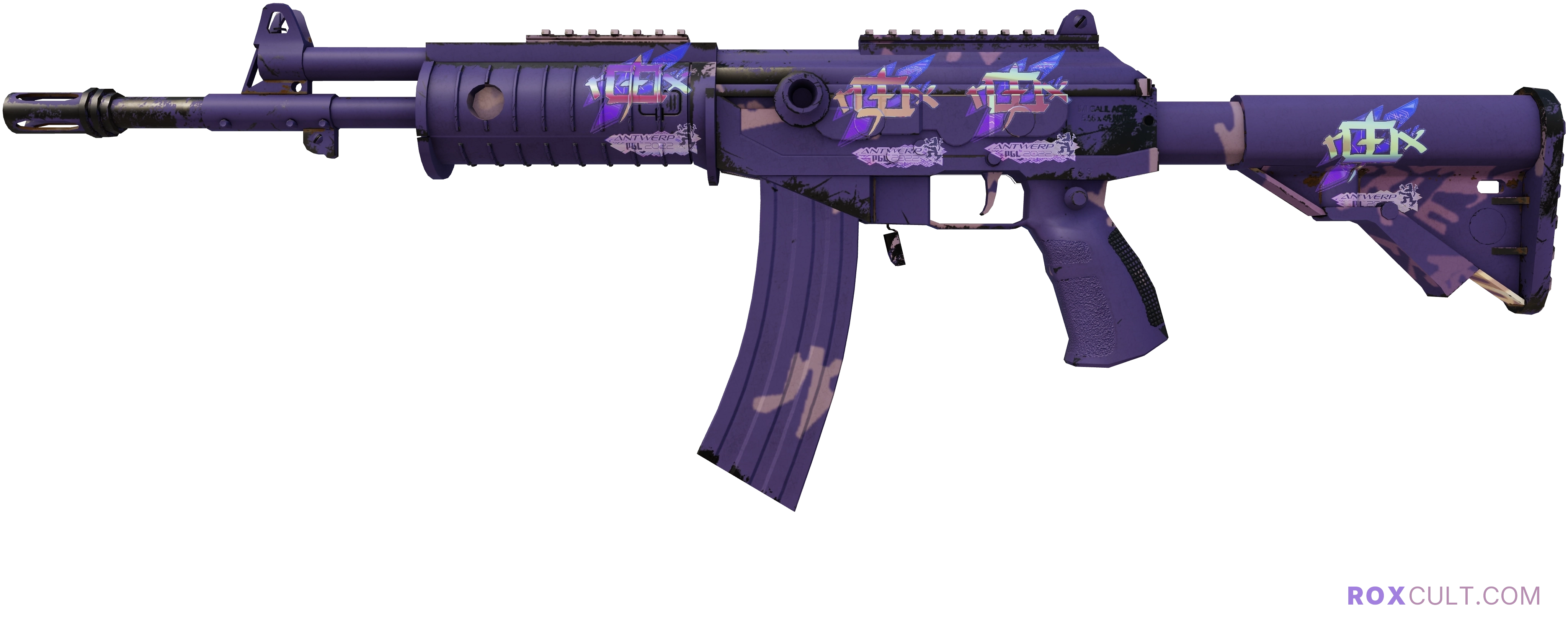Galil AR | Sandstorm (Field-Tested) — rox (Holo) Antwerp 2022 craft, playside view with 4 rox (Holo) stickers