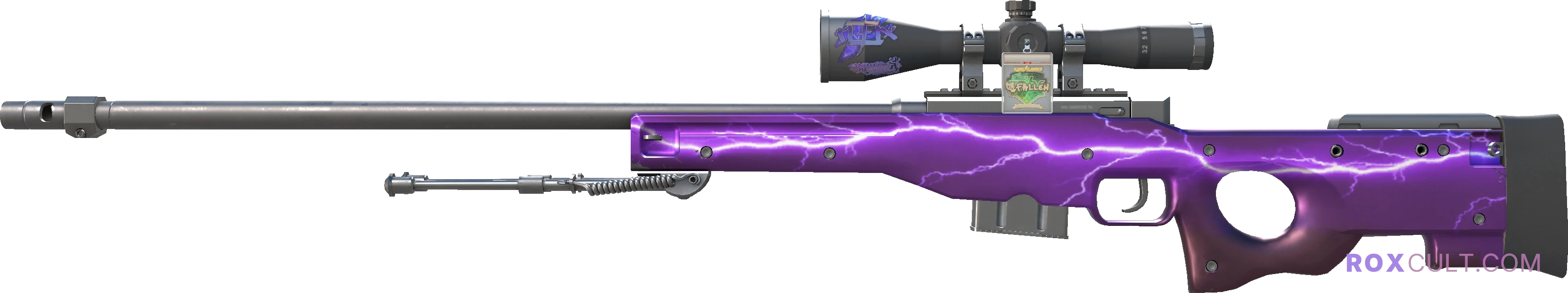 AWP | Lightning Strike (Factory New) — rox (Holo) Antwerp 2022 craft, playside view with 1 rox (Holo) sticker