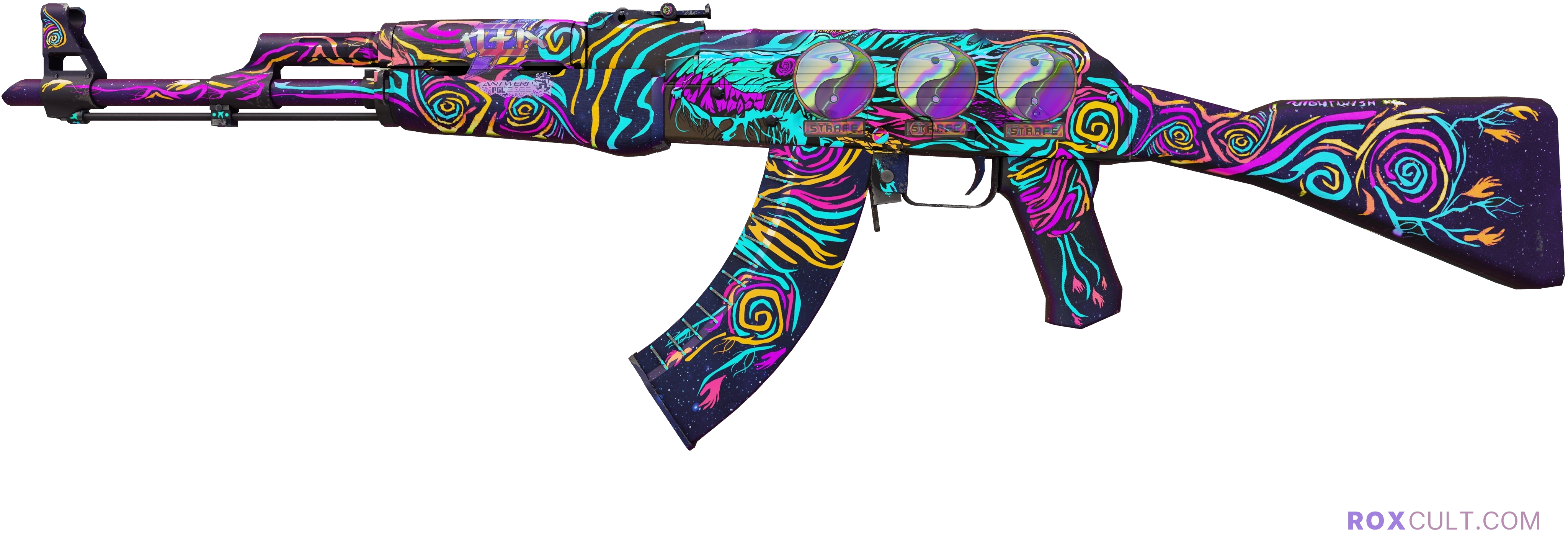 AK-47 | Nightwish (Factory New) — rox (Holo) Antwerp 2022 craft, playside view with 1 rox (Holo) sticker