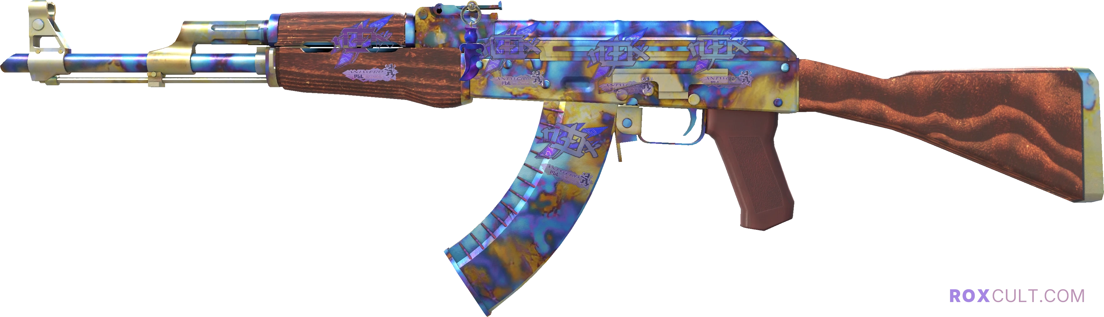 AK-47 | Case Hardened (Factory New) — rox (Holo) Antwerp 2022 craft, playside view with 5 rox (Holo) stickers