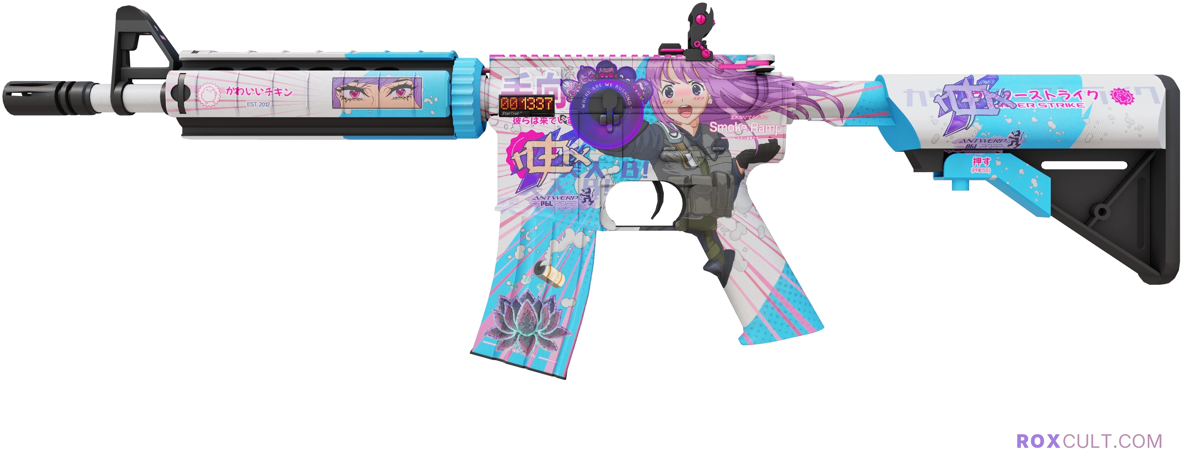 StatTrak™ M4A4 | Temukau (Factory New) — rox (Holo) Antwerp 2022 craft, playside view with 2 rox (Holo) stickers
