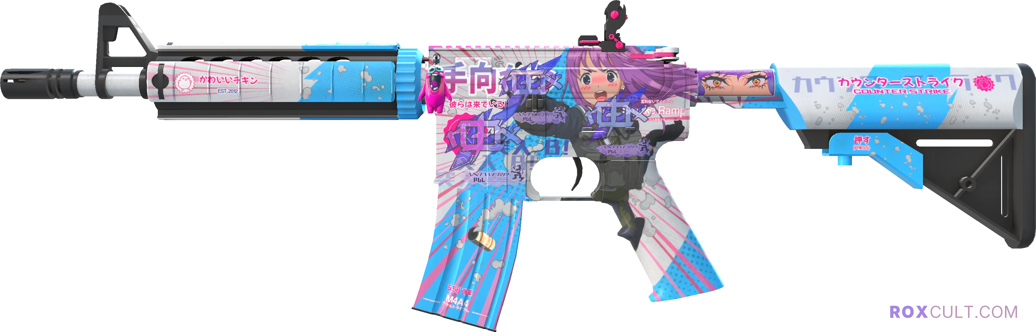 M4A4 | Temukau (Factory New) — rox (Holo) Antwerp 2022 craft, playside view with 3 rox (Holo) stickers