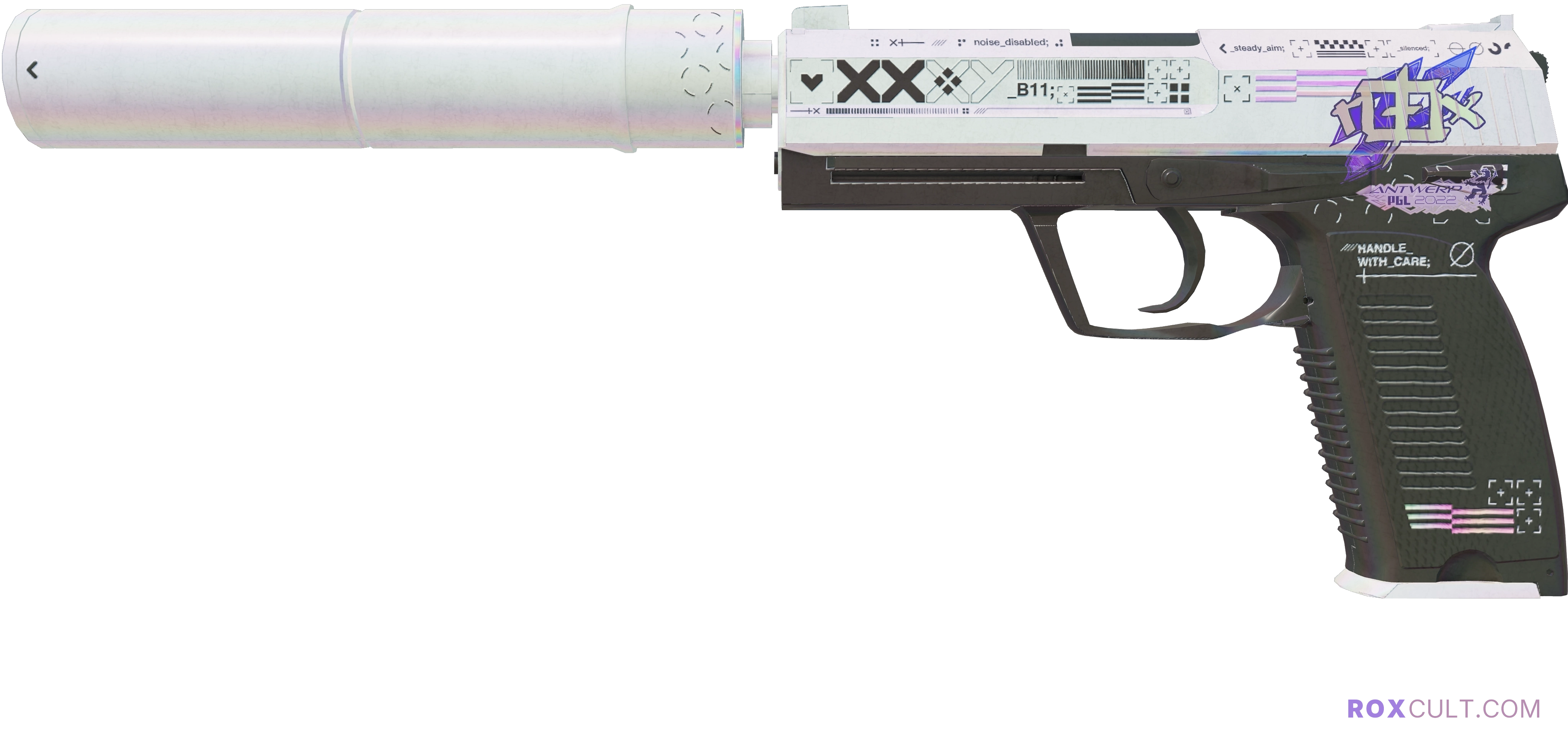 USP-S | Printstream (Field-Tested) — rox (Holo) Antwerp 2022 craft, playside view with 1 rox (Holo) sticker