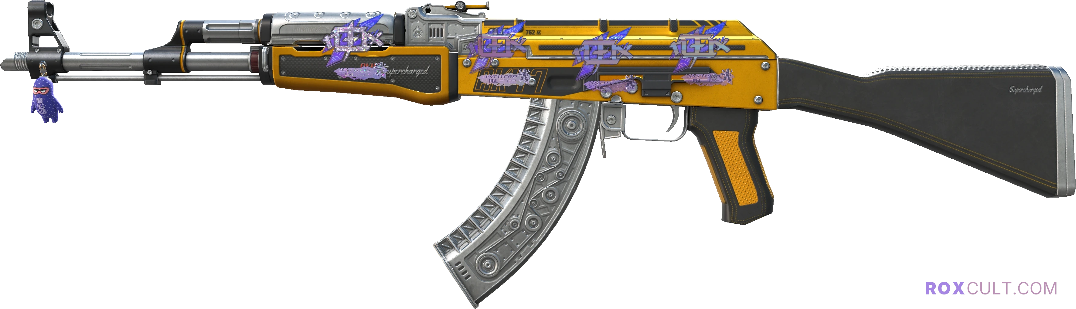 AK-47 | Fuel Injector (Field-Tested) — rox (Holo) Antwerp 2022 craft, playside view with 4 rox (Holo) stickers