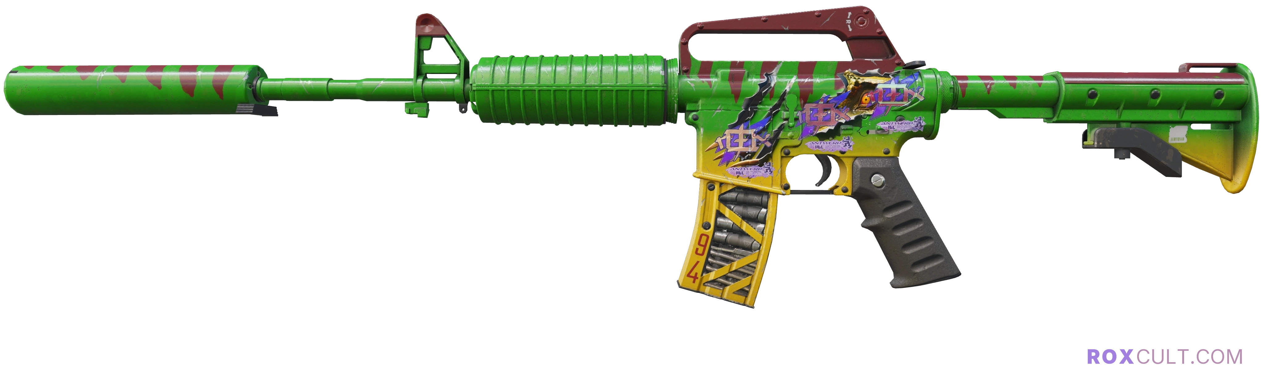 M4A1-S | Emphorosaur-S (Factory New) — rox (Holo) Antwerp 2022 craft, playside view with 3 rox (Holo) stickers
