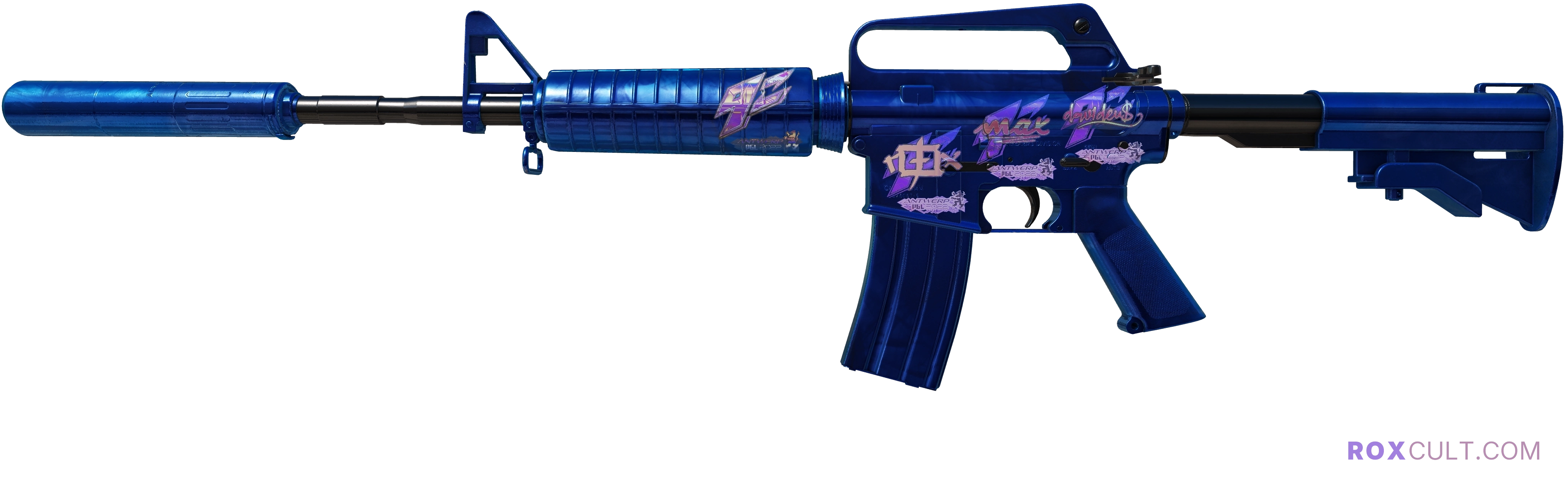 M4A1-S | Blue Phosphor (Factory New) — rox (Holo) Antwerp 2022 craft, playside view with 1 rox (Holo) sticker