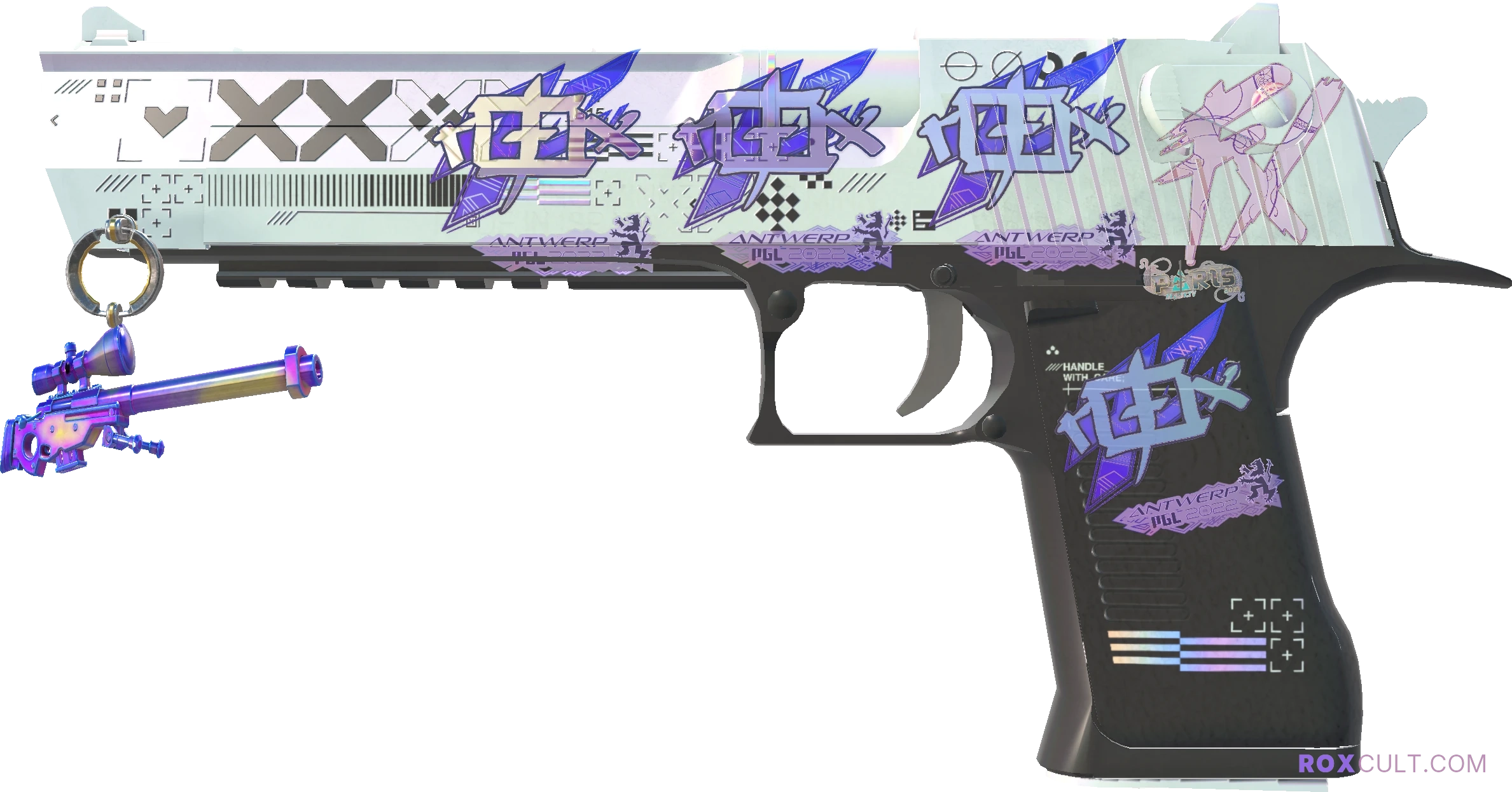 Desert Eagle | Printstream (Factory New) — rox (Holo) Antwerp 2022 craft, playside view with 4 rox (Holo) stickers
