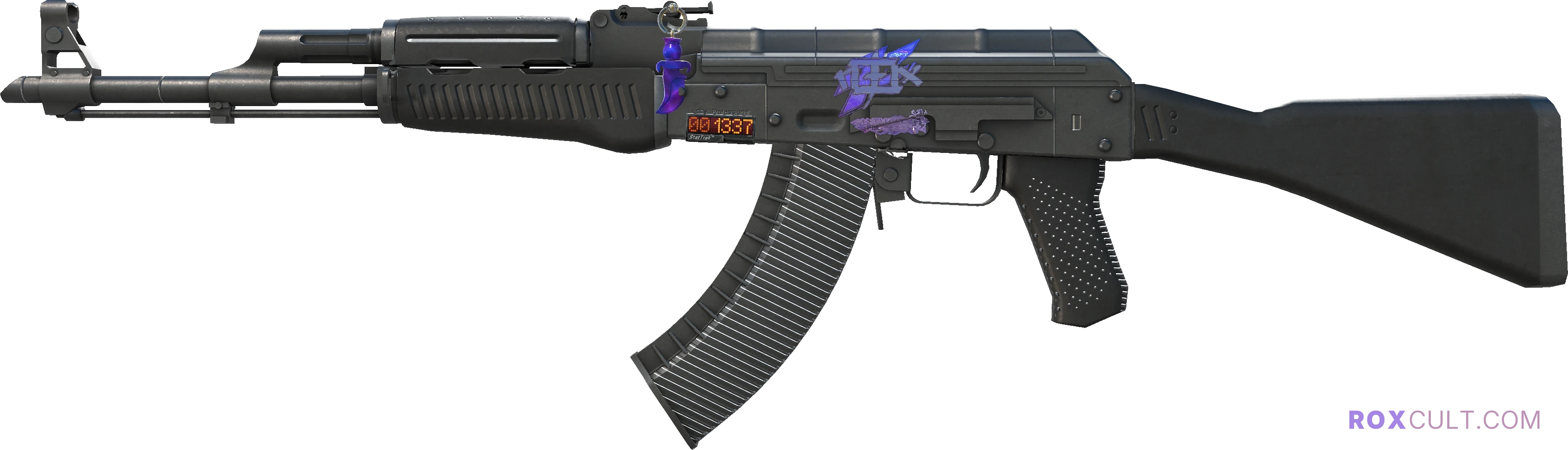 StatTrak™ AK-47 | Slate (Field-Tested) — rox (Holo) Antwerp 2022 craft, playside view with 1 rox (Holo) sticker