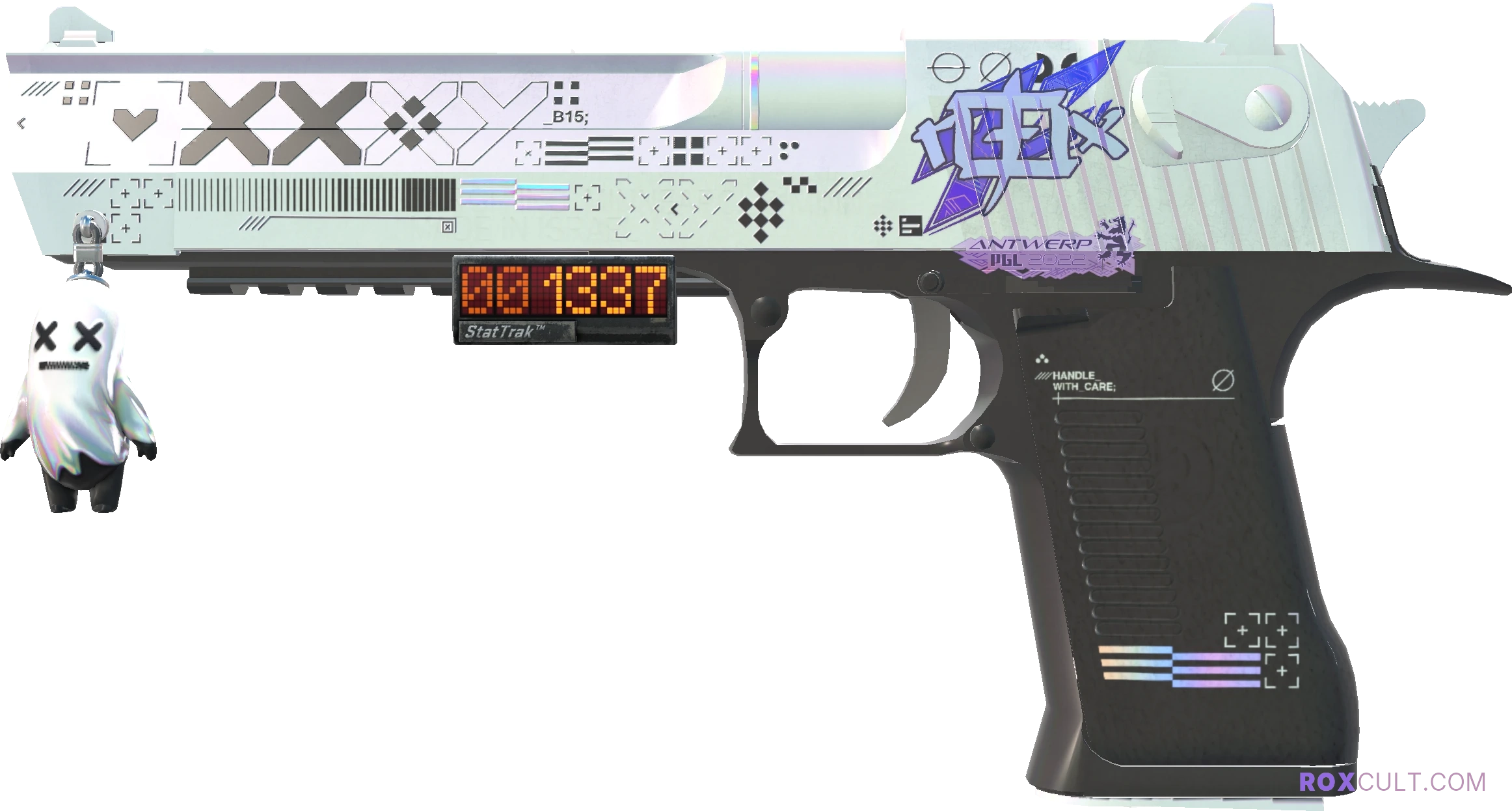 StatTrak™ Desert Eagle | Printstream (Factory New) — rox (Holo) Antwerp 2022 craft, playside view with 1 rox (Holo) sticker
