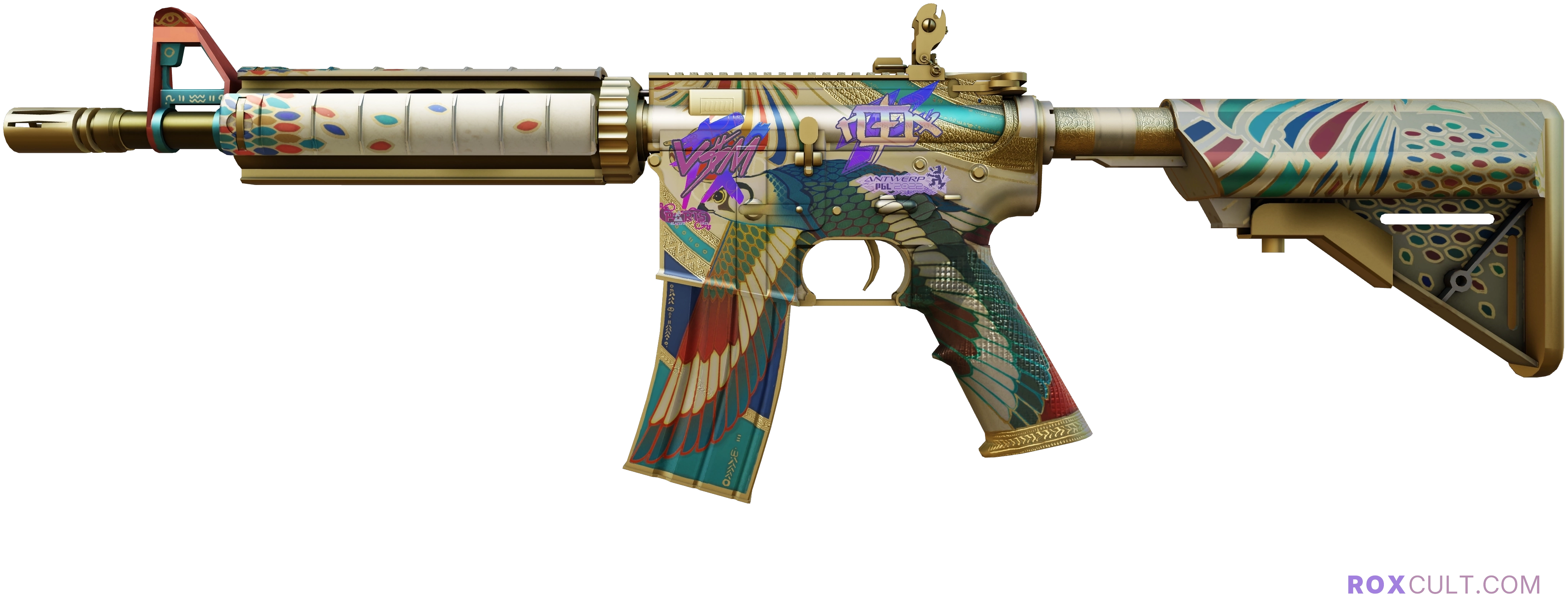 M4A4 | Eye of Horus (Factory New) — rox (Holo) Antwerp 2022 craft, playside view with 1 rox (Holo) sticker