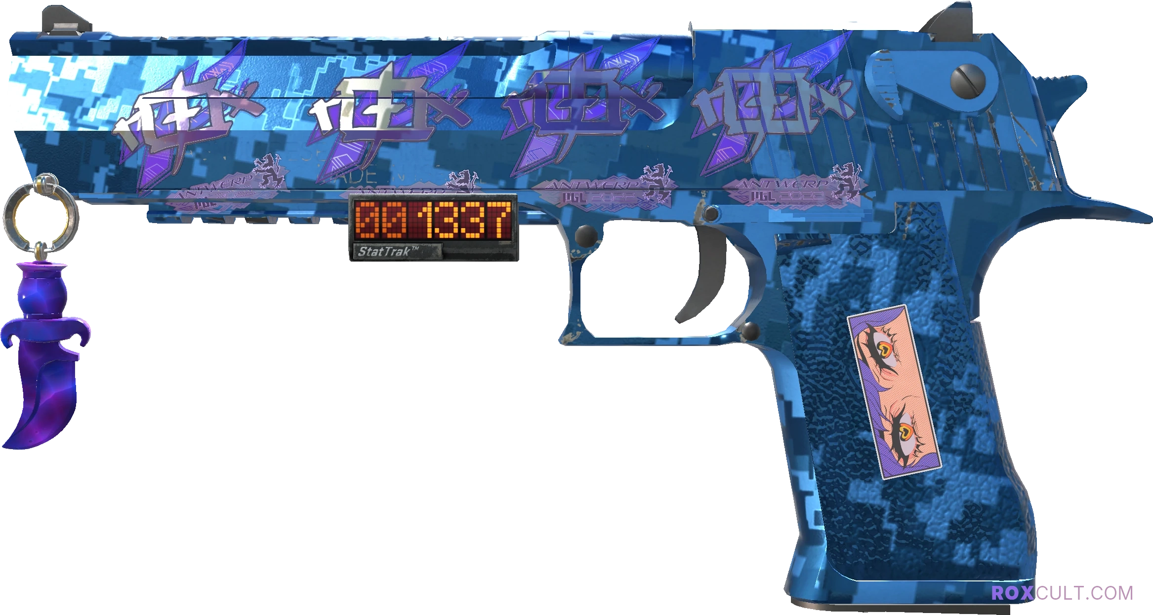 StatTrak™ Desert Eagle | Cobalt Disruption (Factory New) — rox (Holo) Antwerp 2022 craft, playside view with 4 rox (Holo) stickers