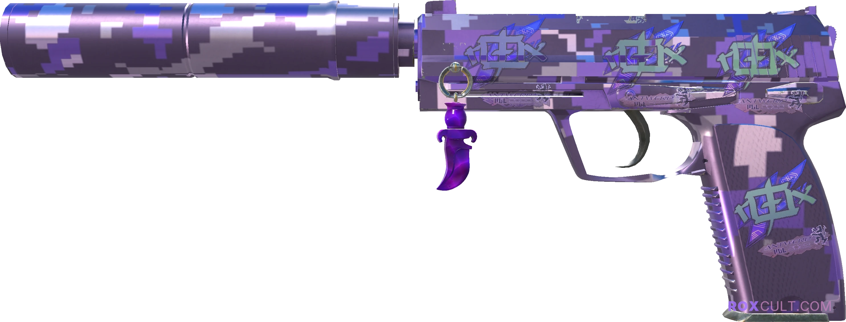 USP-S | Purple DDPAT (Factory New) — rox (Holo) Antwerp 2022 craft, playside view with 4 rox (Holo) stickers