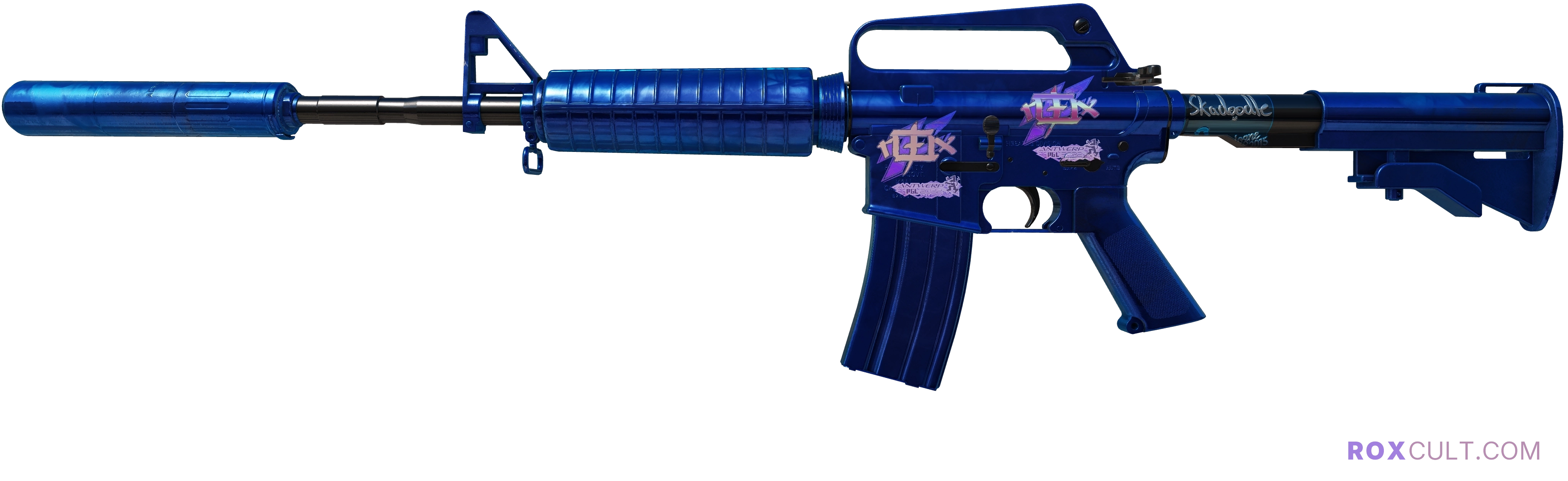 M4A1-S | Blue Phosphor (Factory New) — rox (Holo) Antwerp 2022 craft, playside view with 2 rox (Holo) stickers