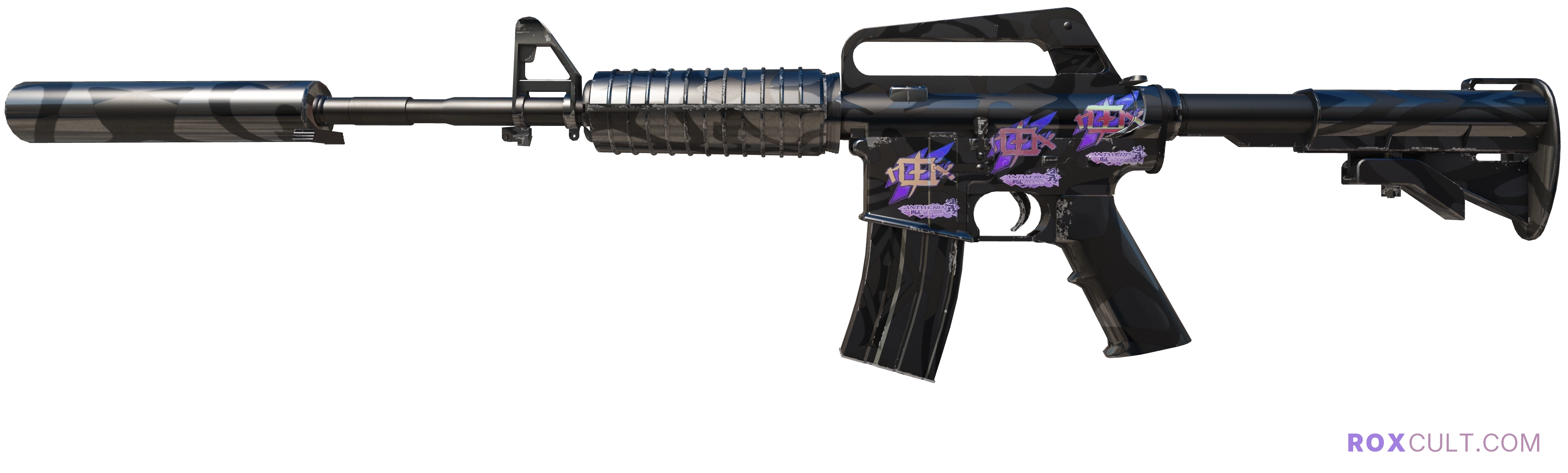 M4A1-S | Dark Water (Minimal Wear) — rox (Holo) Antwerp 2022 craft, playside view with 3 rox (Holo) stickers