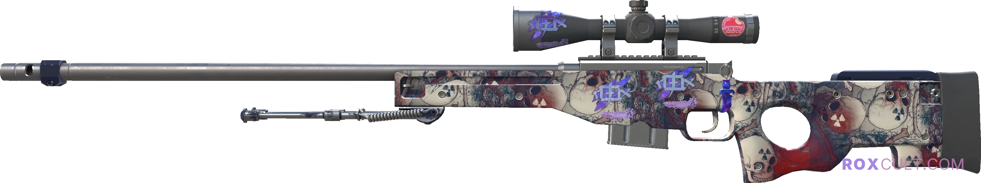 AWP | Acheron (Factory New) — rox (Holo) Antwerp 2022 craft, playside view with 3 rox (Holo) stickers