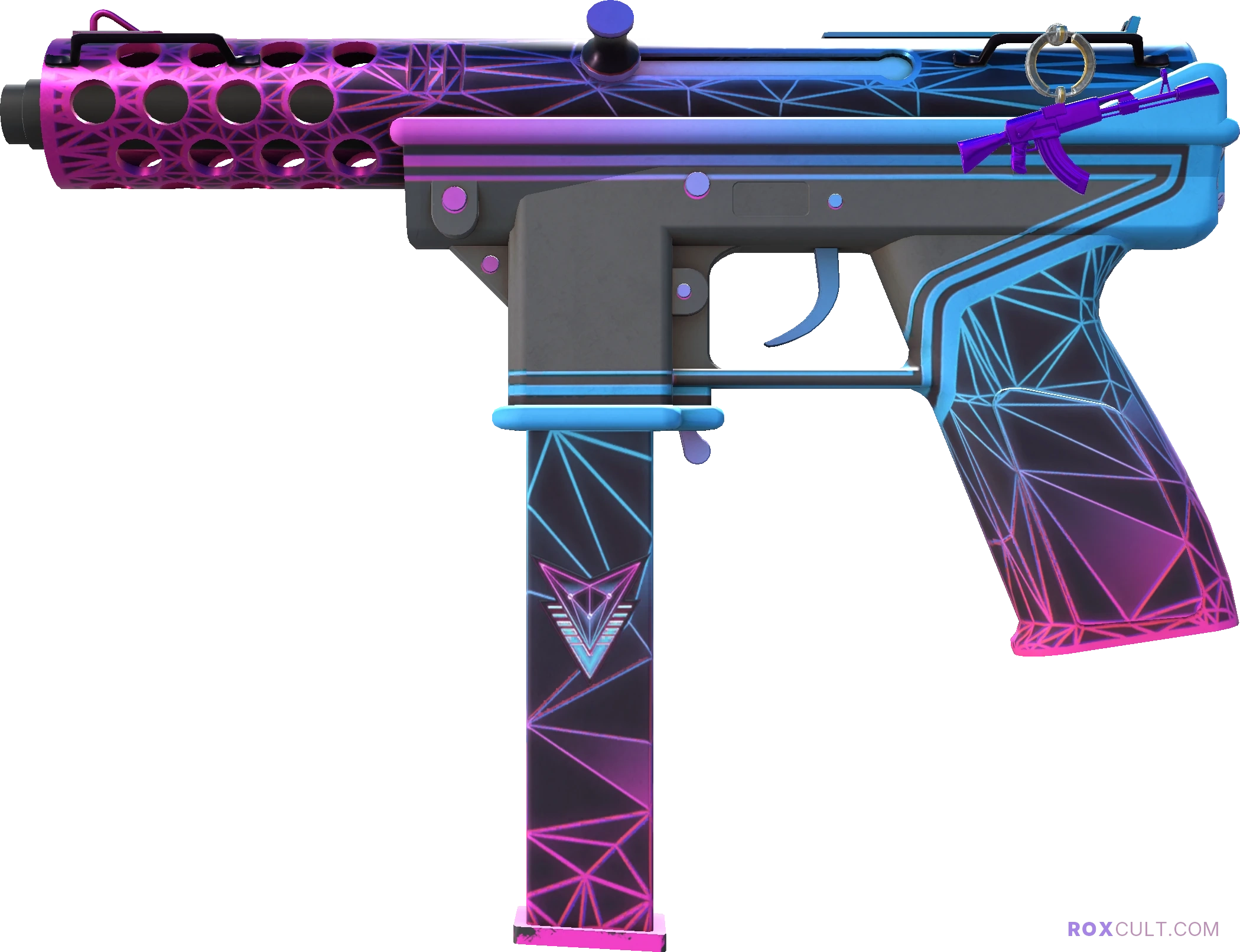 Tec-9 | Decimator (Factory New) — rox (Holo) Antwerp 2022 craft, playside view with 1 rox (Holo) sticker