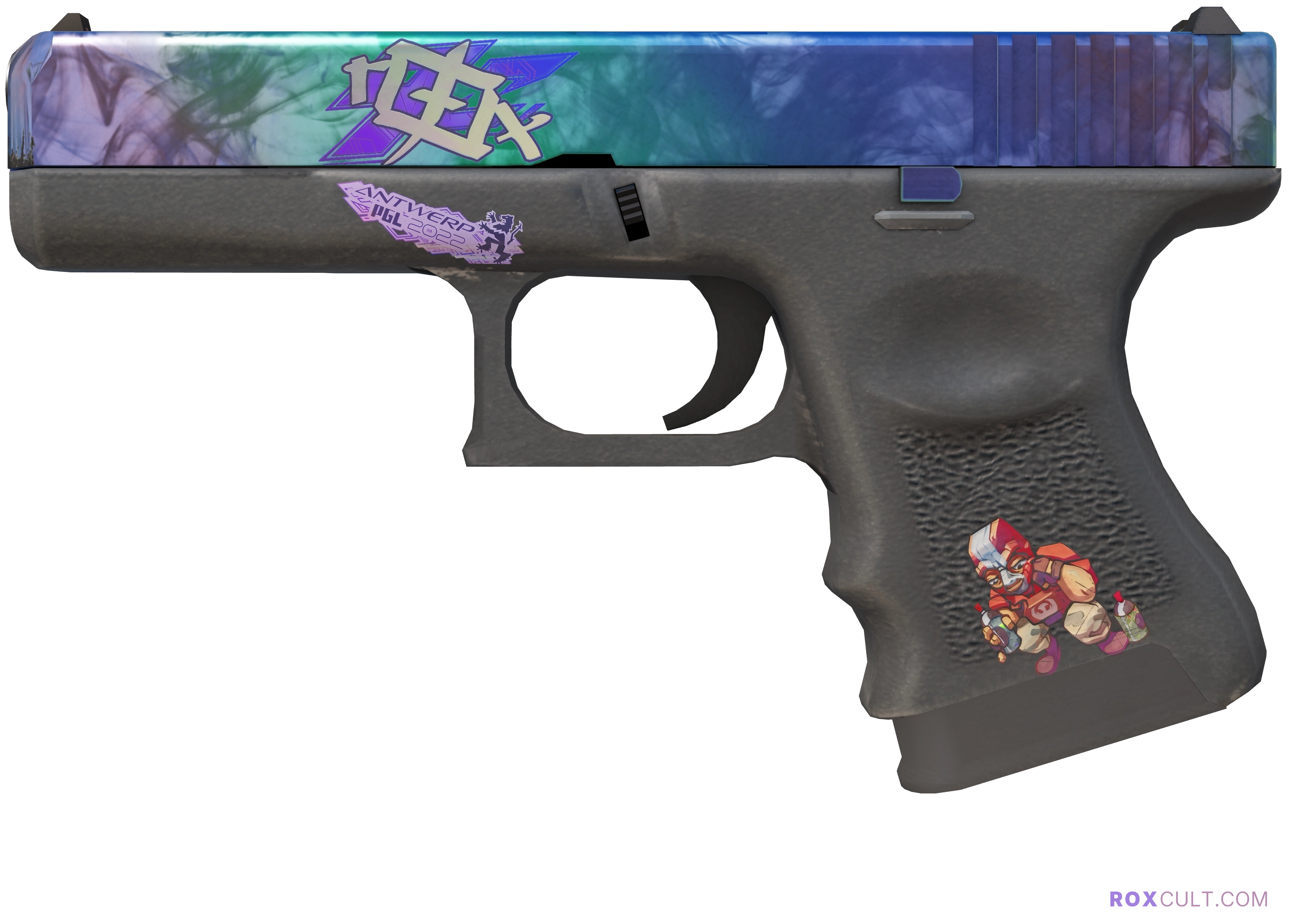 Glock-18 | Gamma Doppler (Factory New) — rox (Holo) Antwerp 2022 craft, playside view with 1 rox (Holo) sticker
