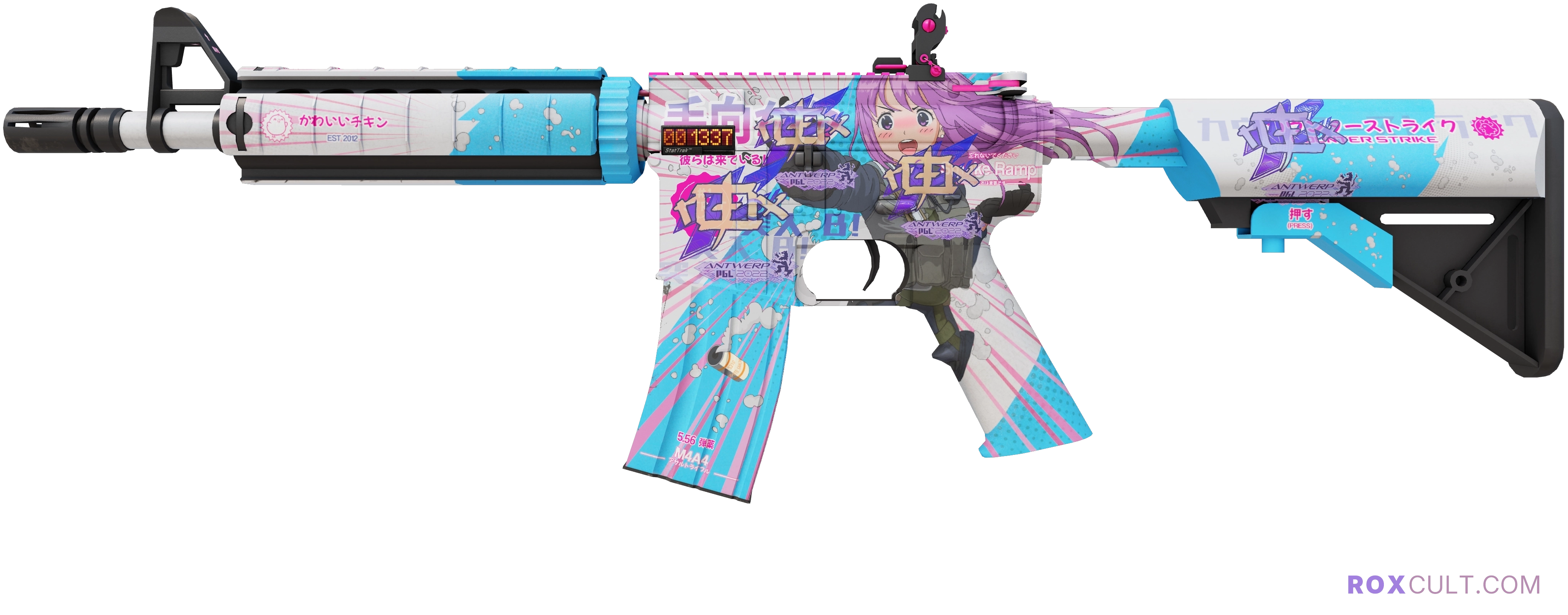 StatTrak™ M4A4 | Temukau (Factory New) — rox (Holo) Antwerp 2022 craft, playside view with 4 rox (Holo) stickers
