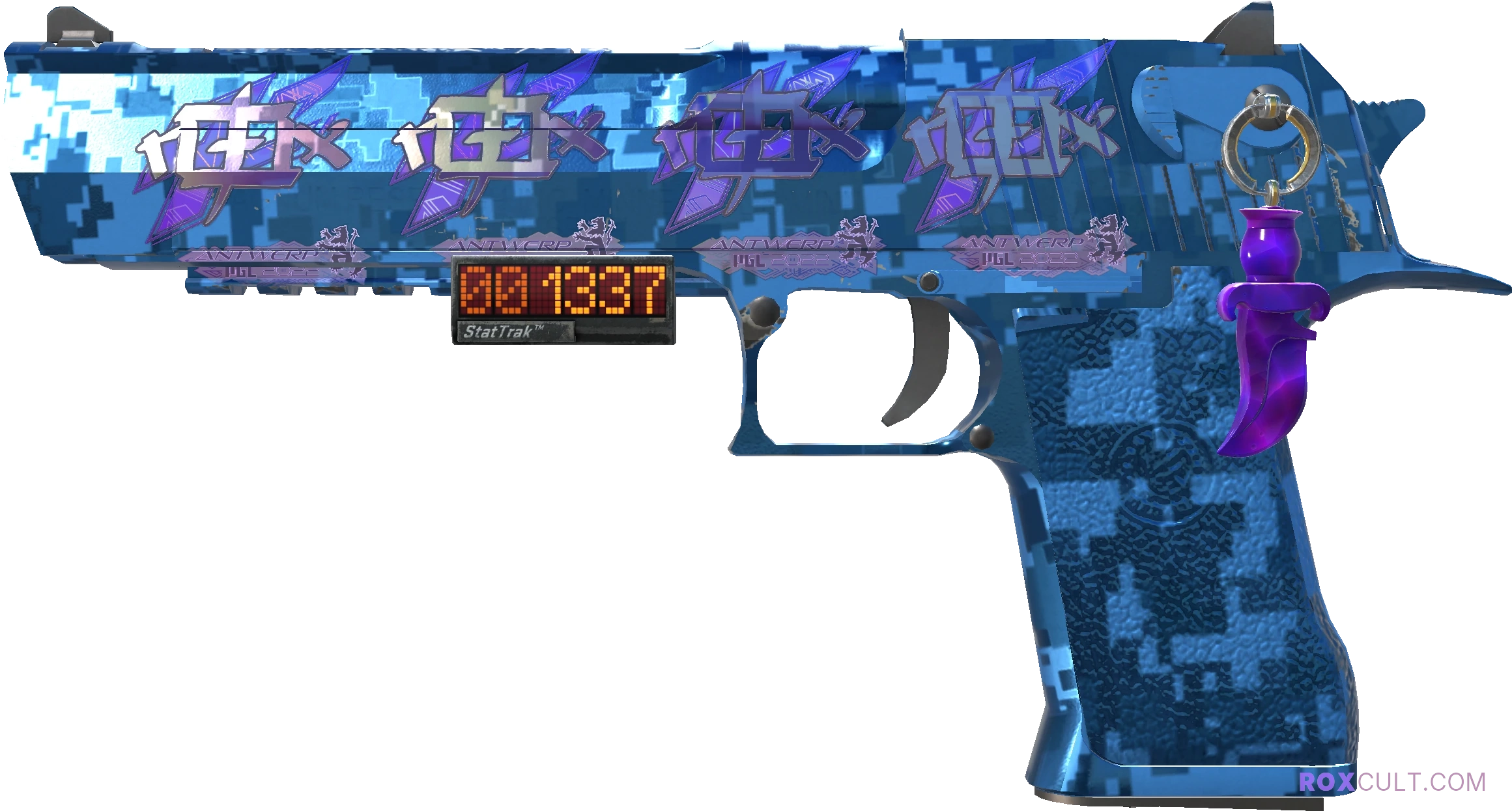 StatTrak™ Desert Eagle | Cobalt Disruption (Factory New) — rox (Holo) Antwerp 2022 craft, playside view with 4 rox (Holo) stickers