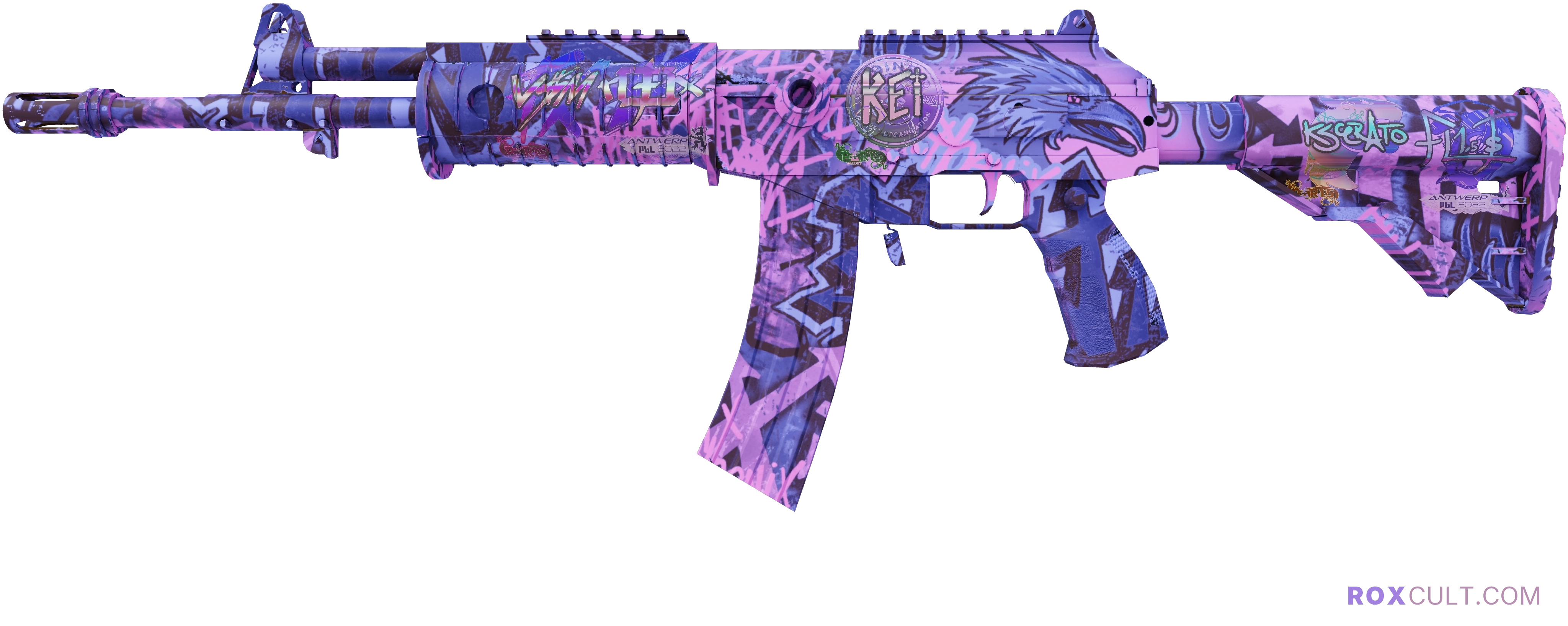 Galil AR | Phoenix Blacklight (Factory New) — rox (Holo) Antwerp 2022 craft, playside view with 1 rox (Holo) sticker